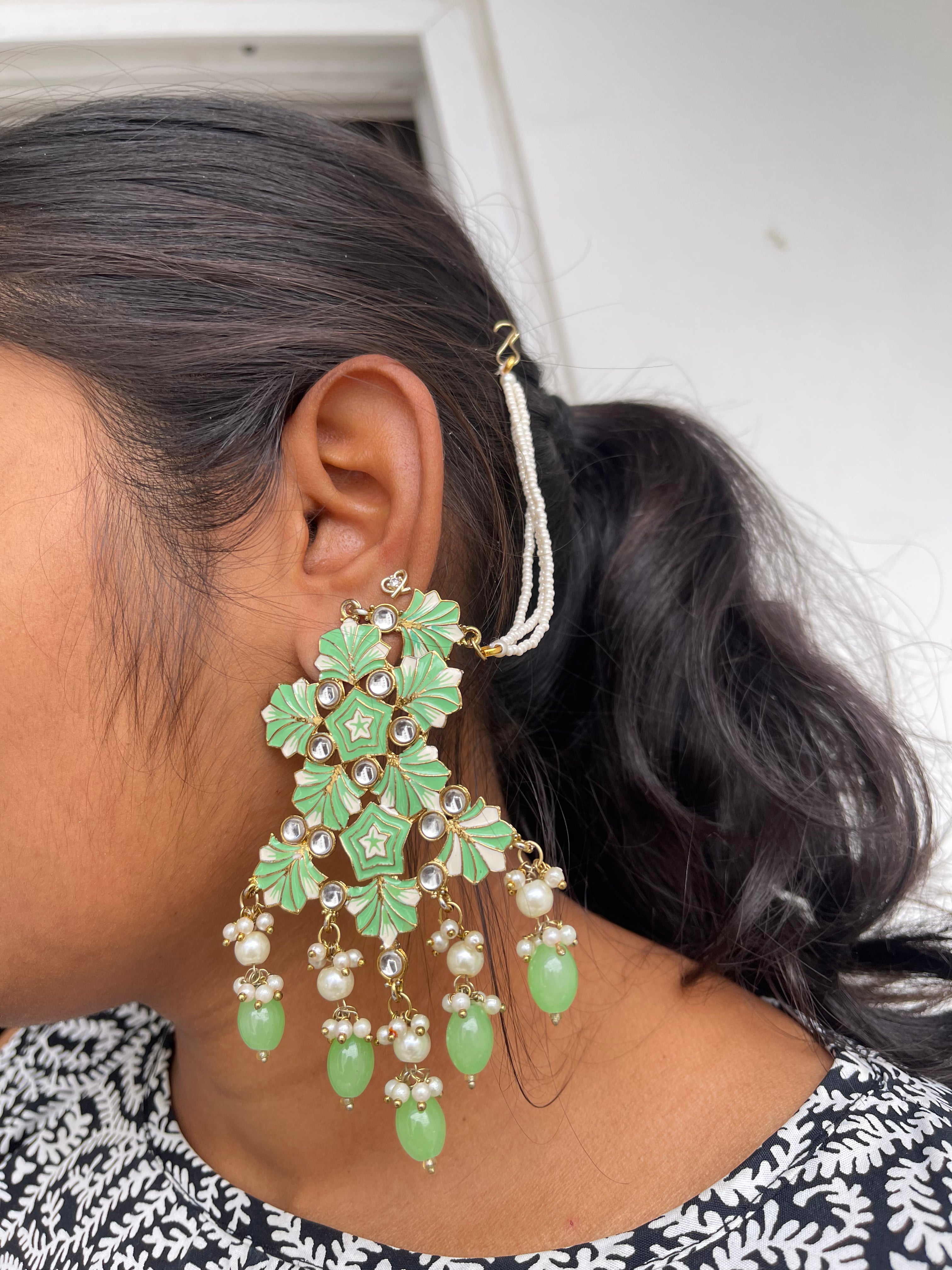 Bead hanging statement earrings with pearl ear chain