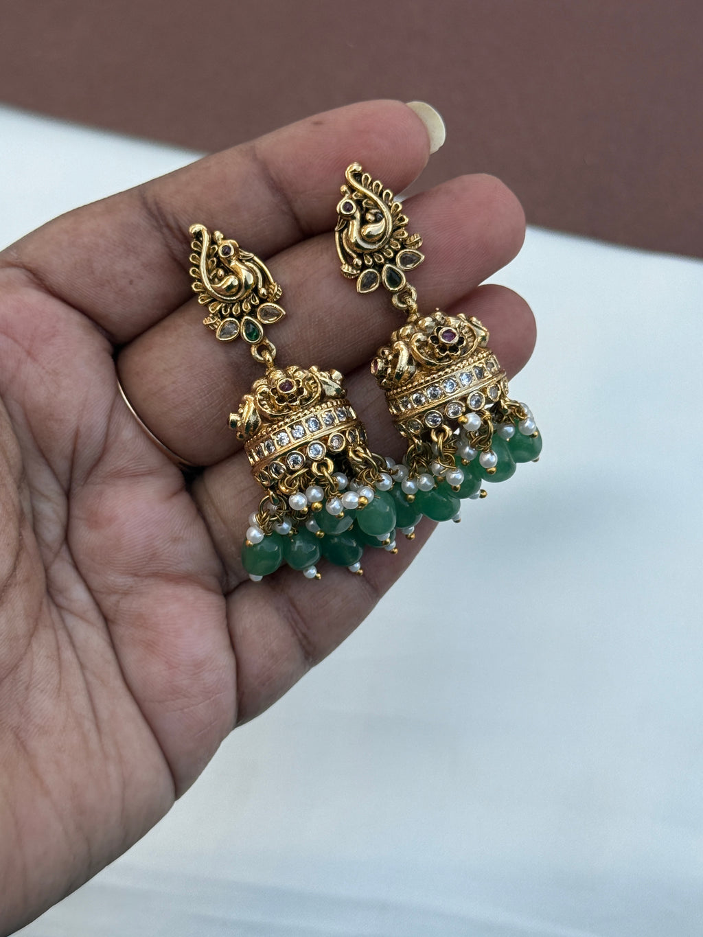 Er206 nakshi peacock butta earrings  with green beads