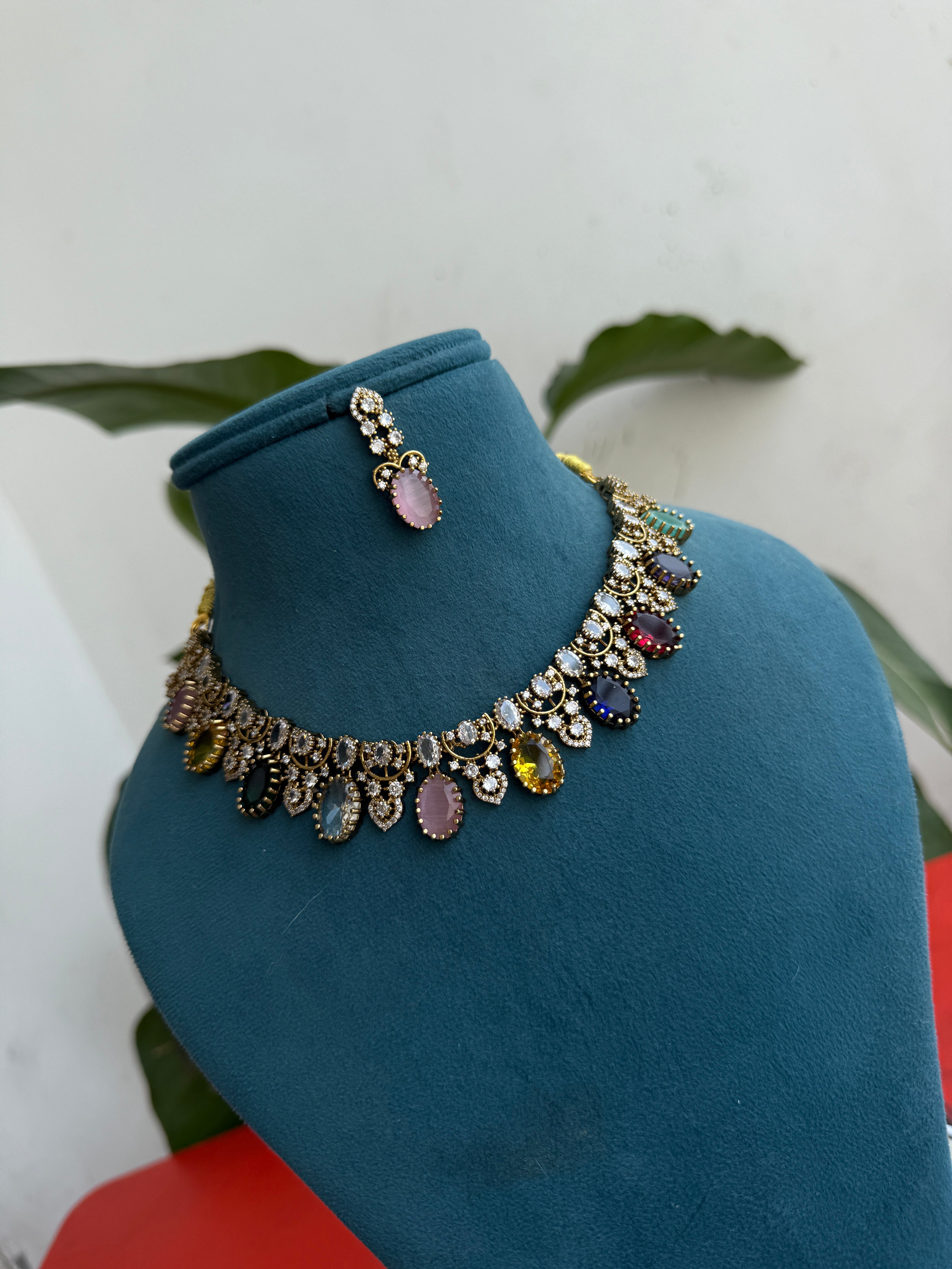 NS379 Multi Navaratan Neckset with Earrings