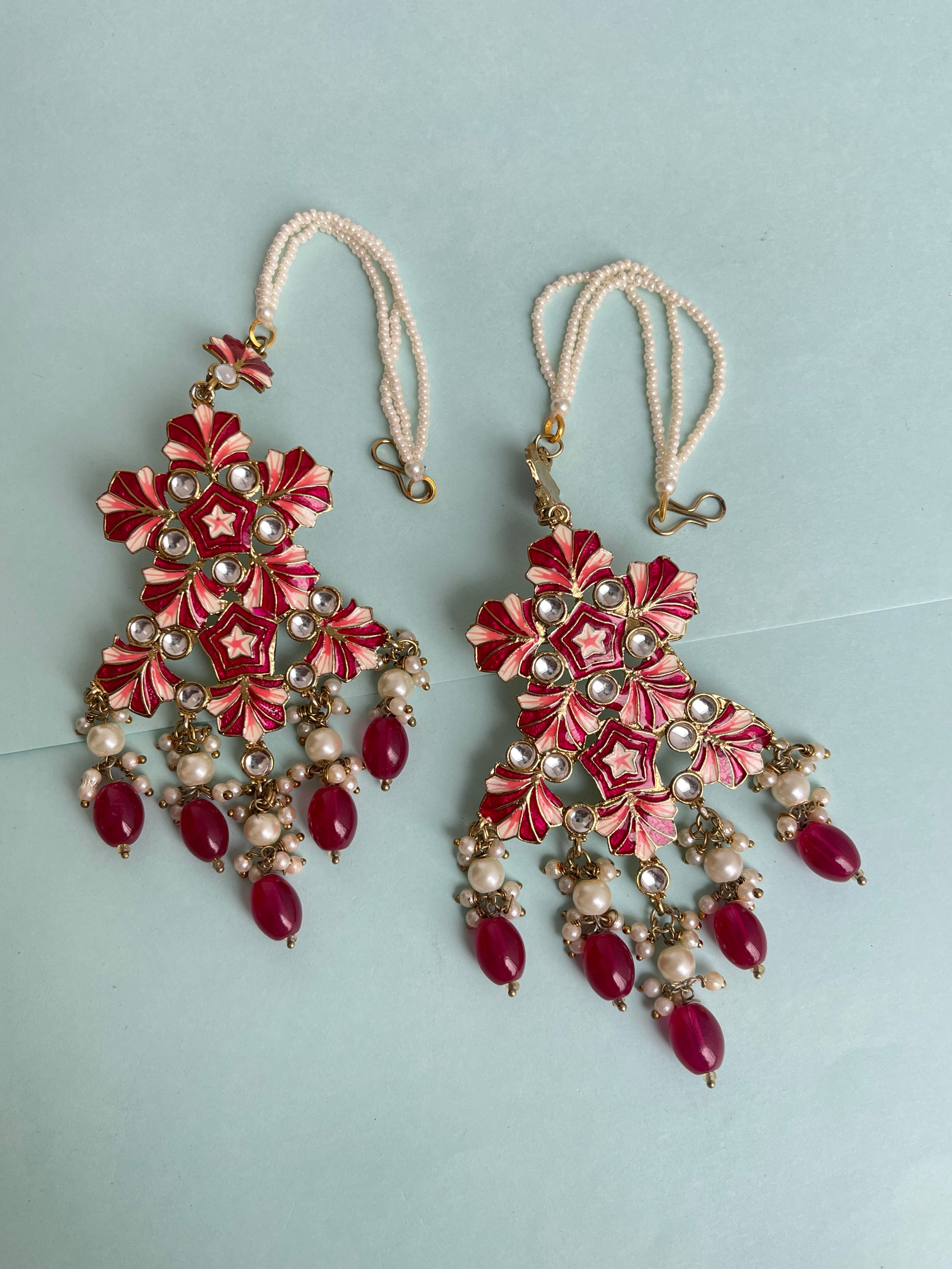 Bead hanging statement earrings with pearl ear chain
