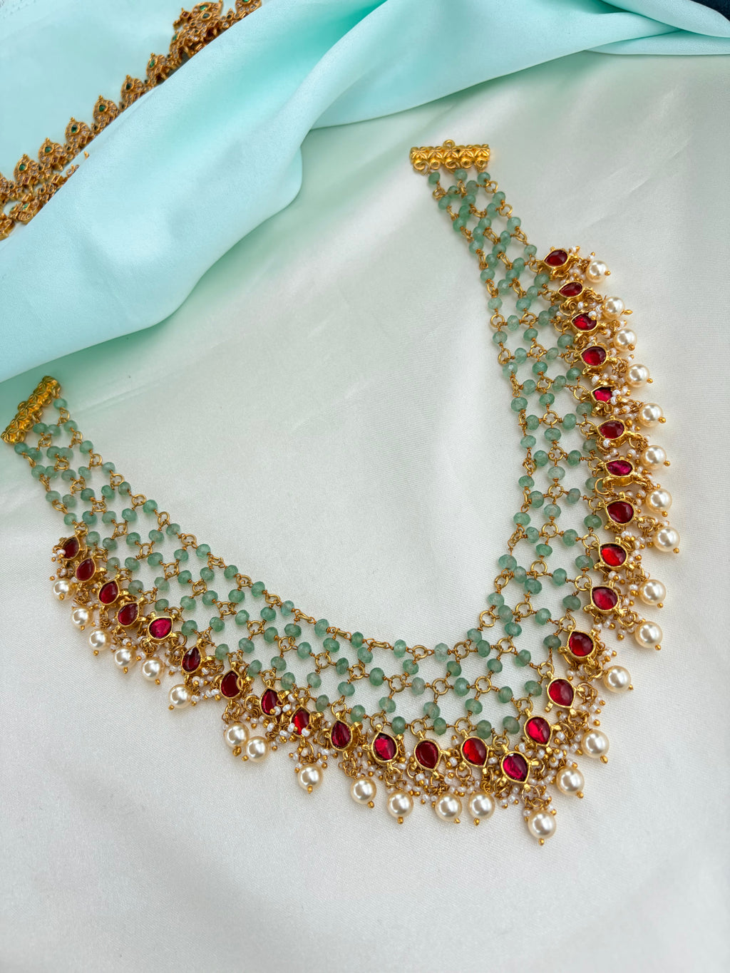 Jadau Kundan Ruby and Green beads neckset Ns922