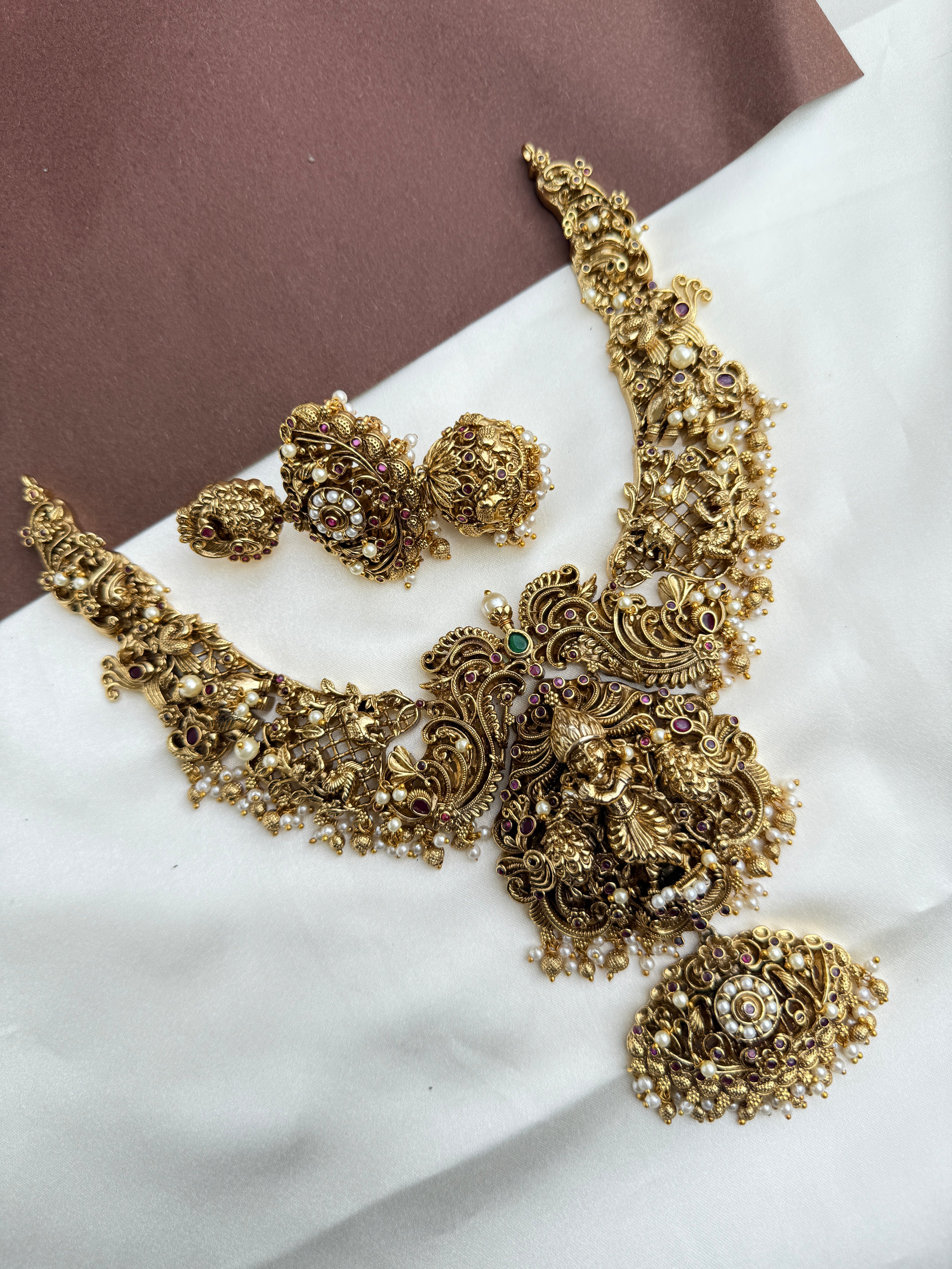 Ns359 beautiful lord Krishna heavy 3D nakshi 3/4th Neckset