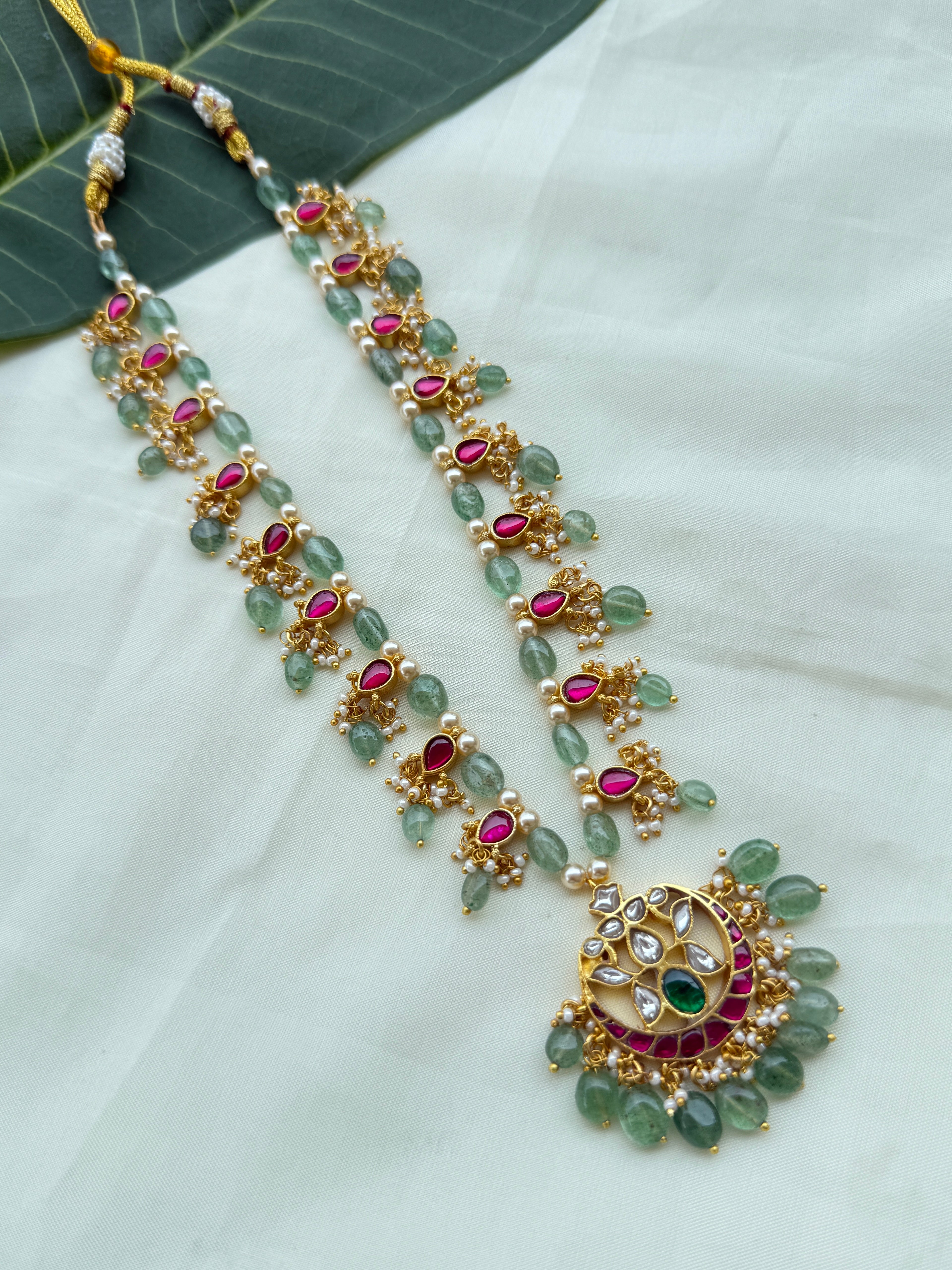 Ns252 green Beads jadau Kundan chain