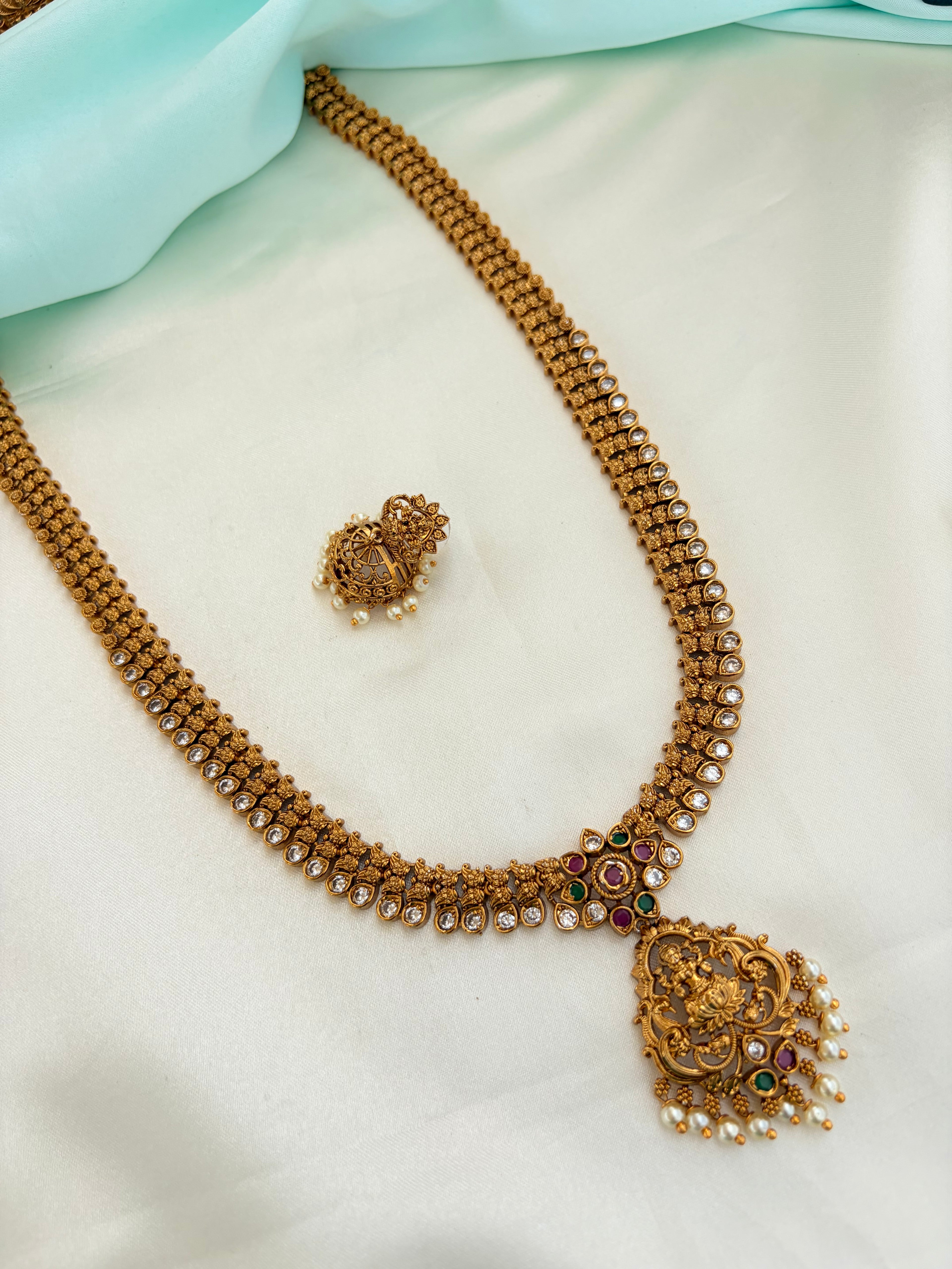 Antique Gold Lakshmidevi Long Haram Neckset with Pearl Drops with Earrings Lh599