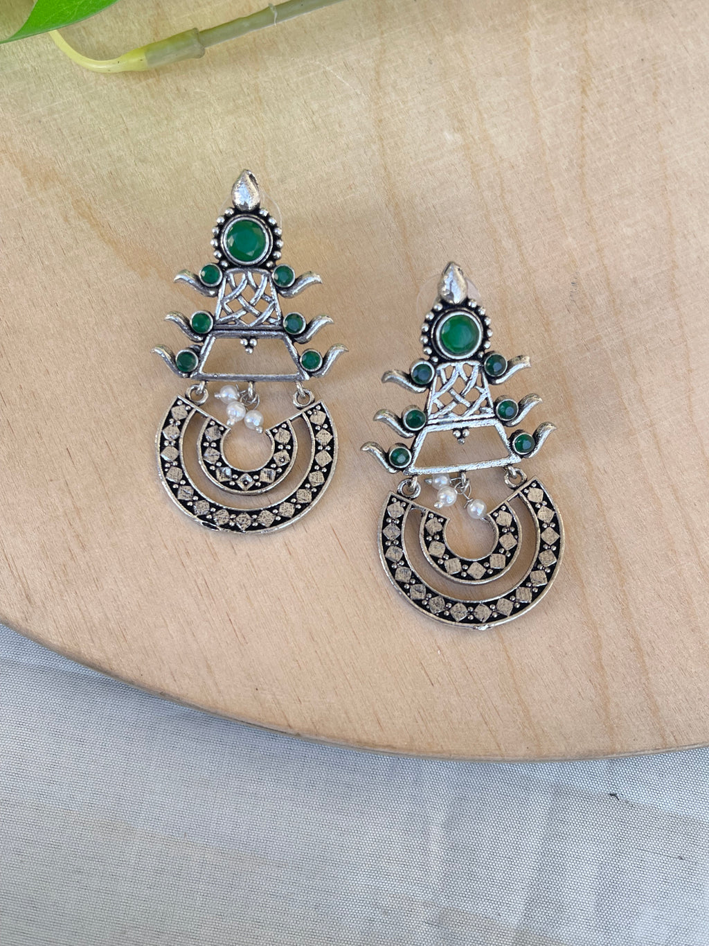 Green lightweight chandbali oxidised earrings