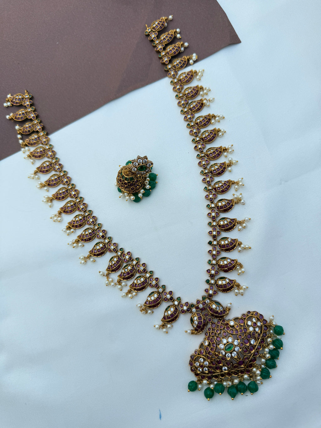 Lh574 dual peacock kemp long haram with pumpkin beads