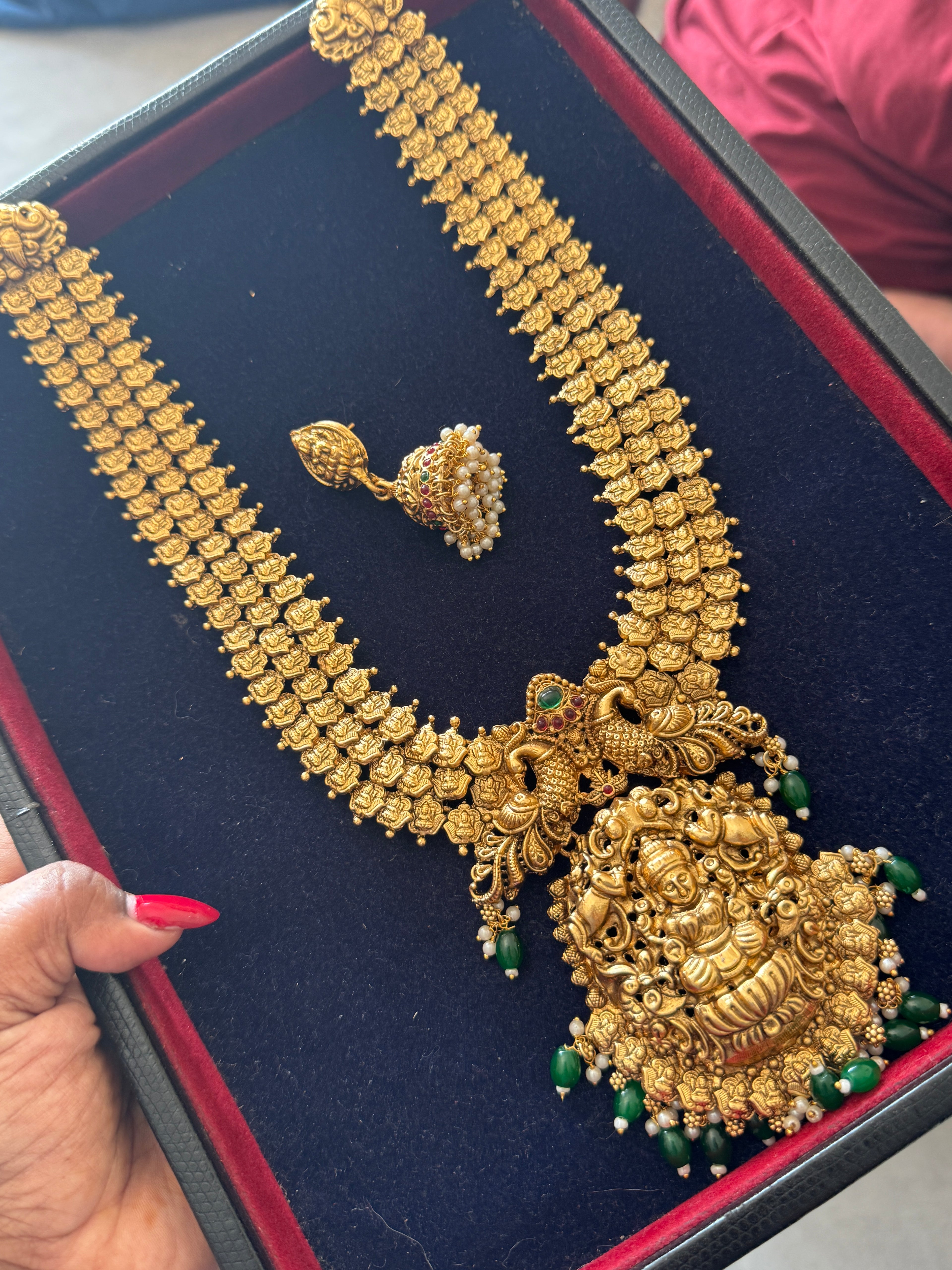 Lh594 lakshmidevi green beads long haram