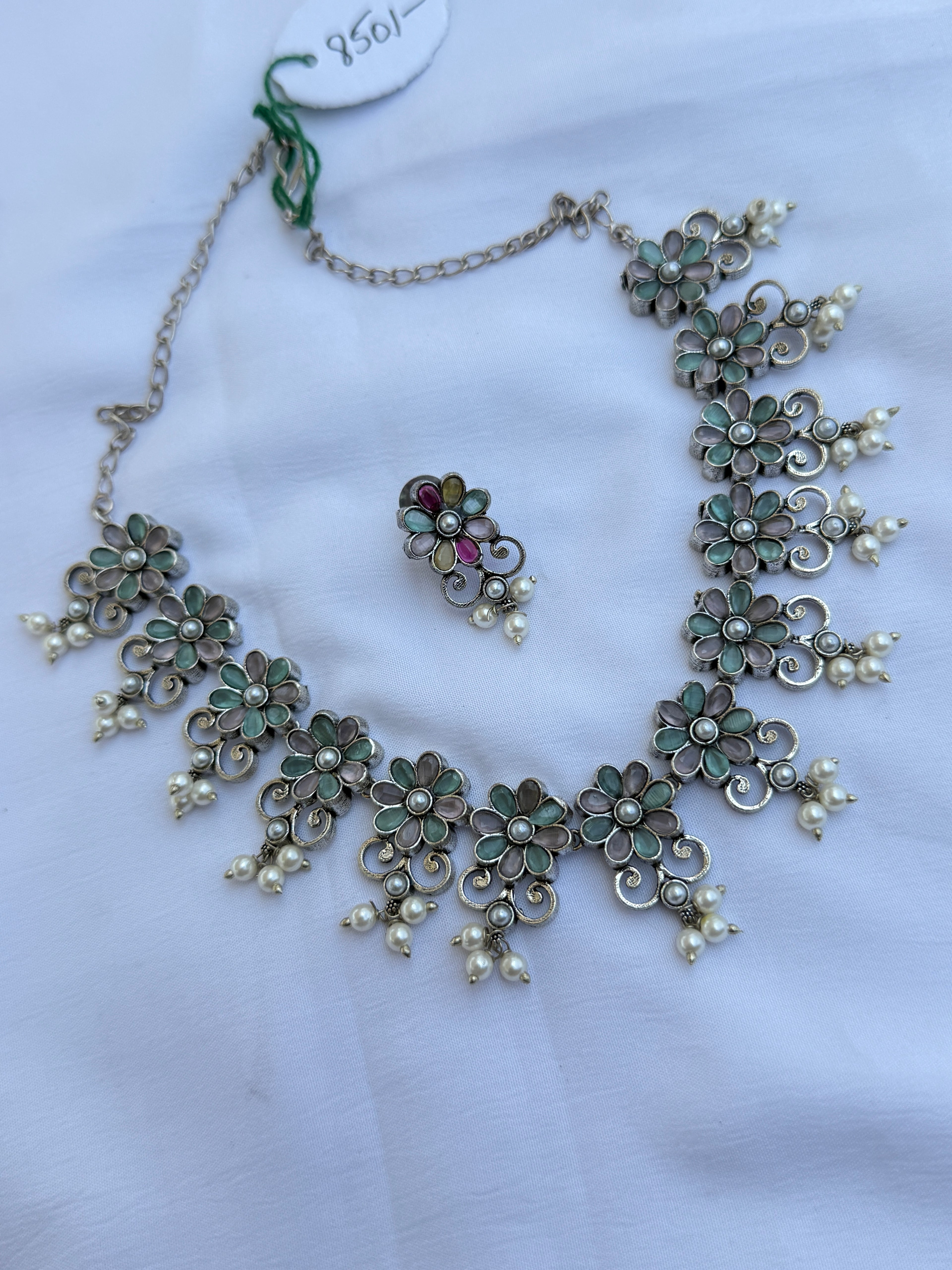 0x102  Oxidised multi pastel pearl neckset with earrings