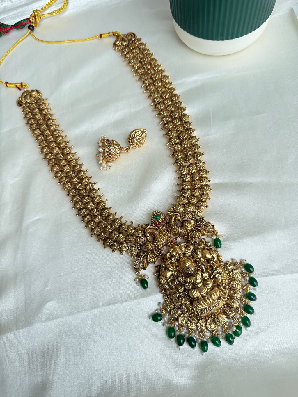 Lh594 heavy lakshmidevi green beads long haram(30 gms weight )