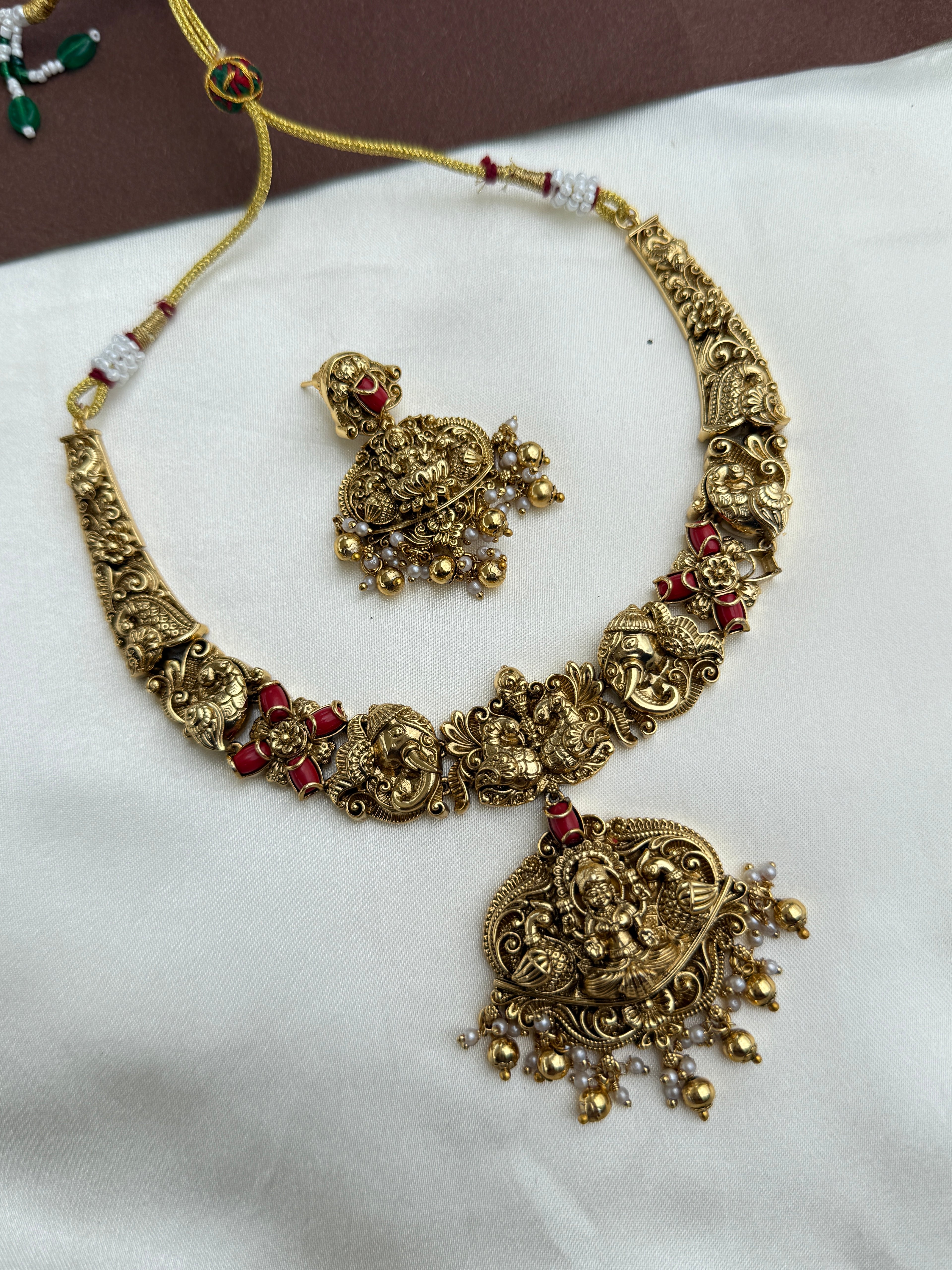 NS356 lakshmi devi corals nakshi neckset with earrings