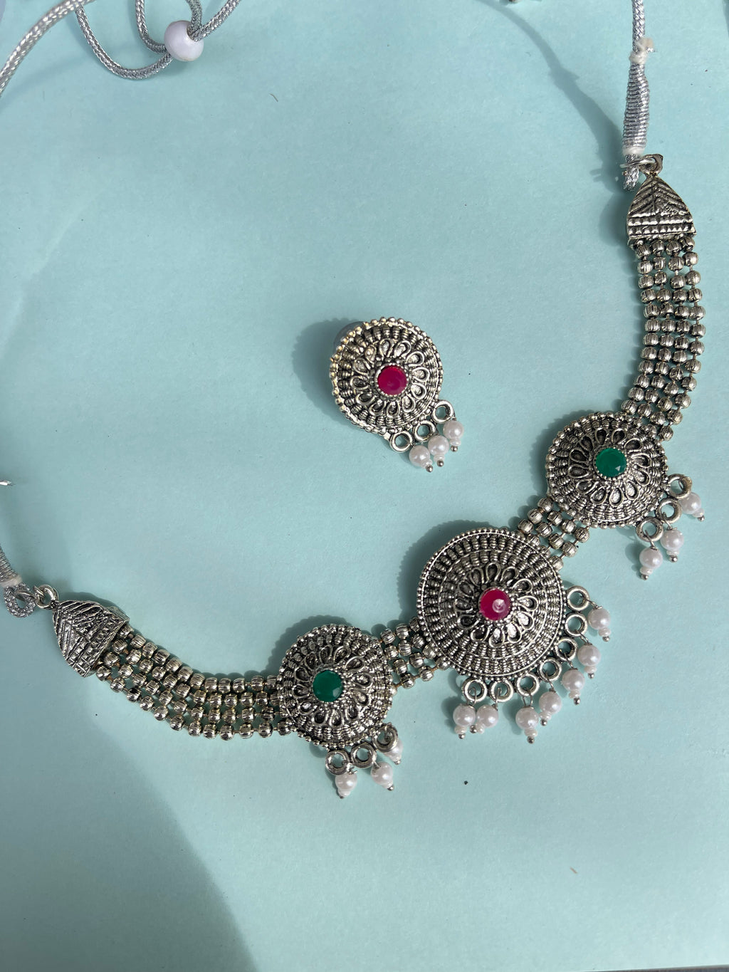 Multi silver Oxidised neckset with earrings