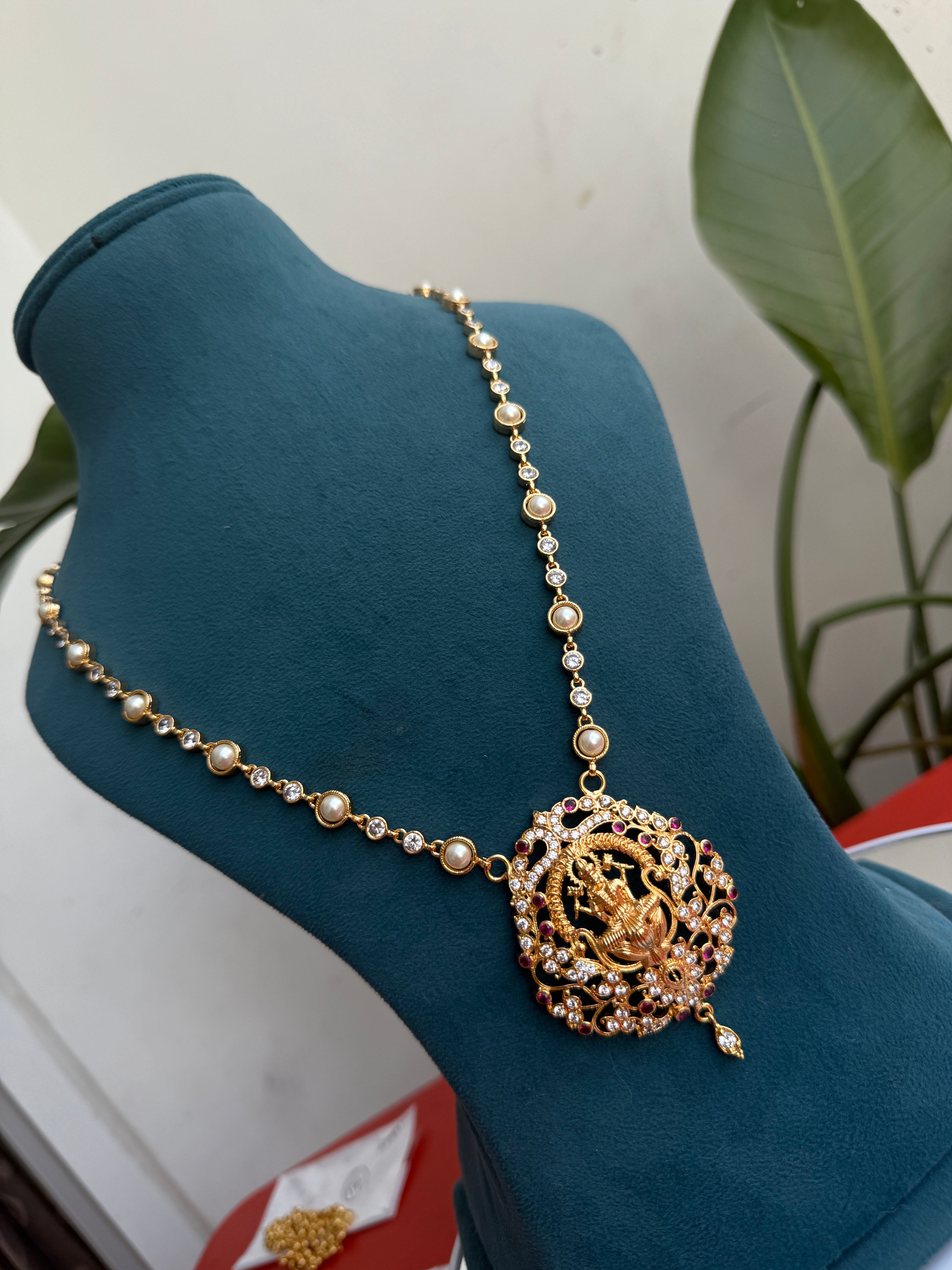Ph131 panchaloham long pearl chain with Lakshmi Devi pendant