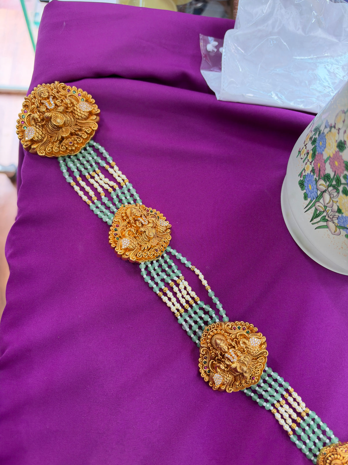 Jd400 Lakshmidevi with peacock petals with green beads 24 inches jada billa