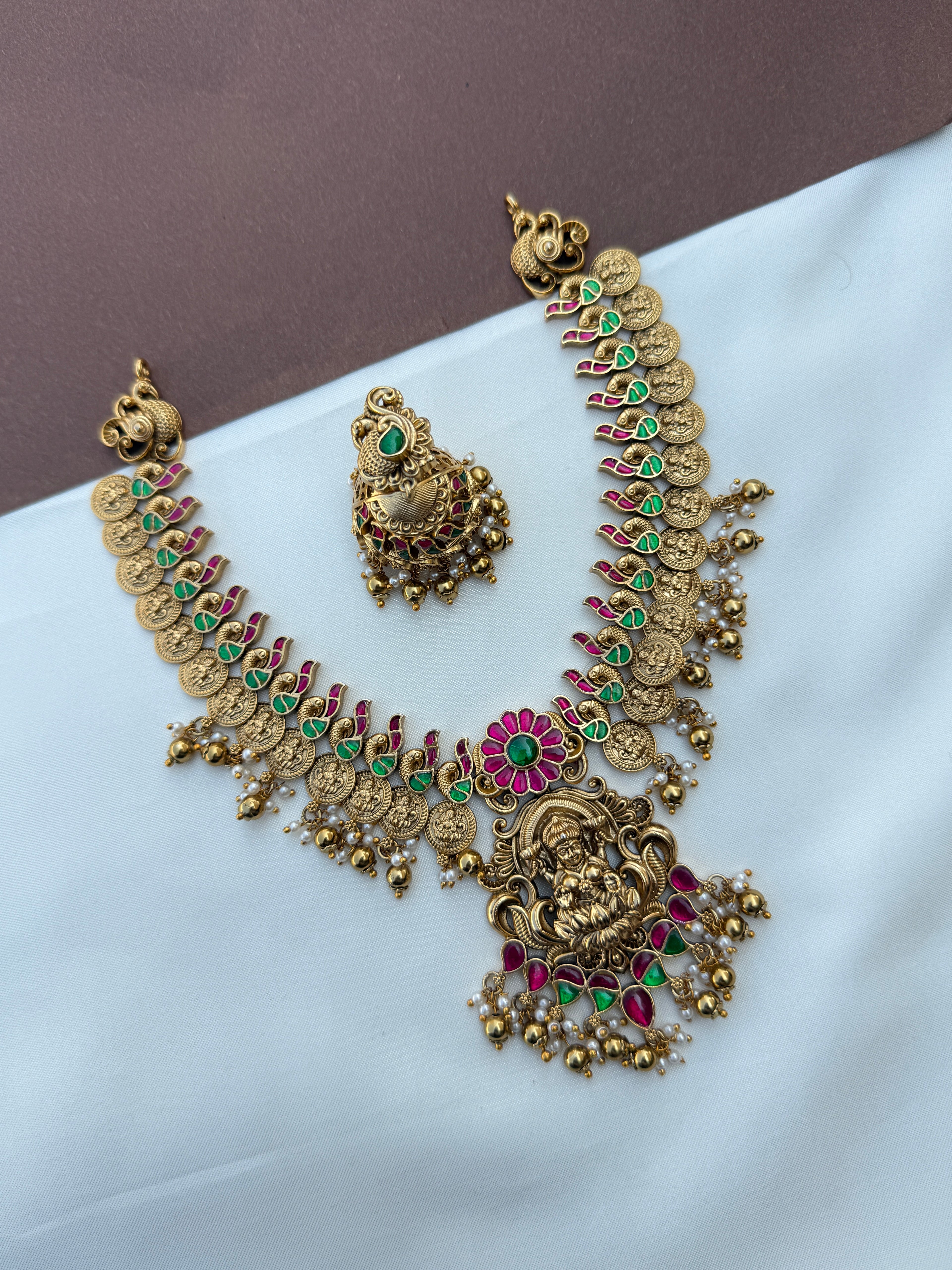 Ns628 peacock jadau kundan lakshmi devi neckset