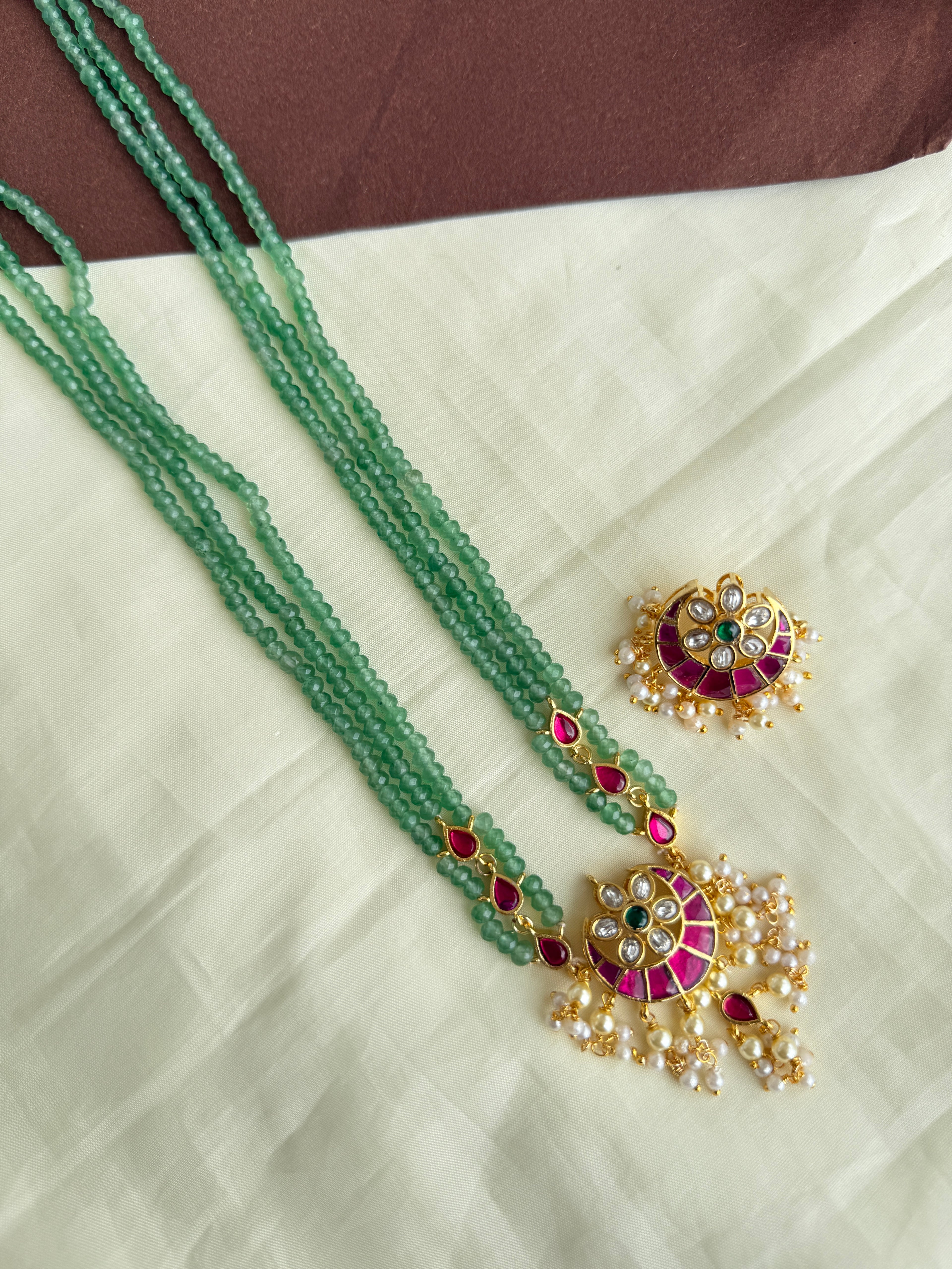 Bb0007 green beads jadau kundan pendant with earrings