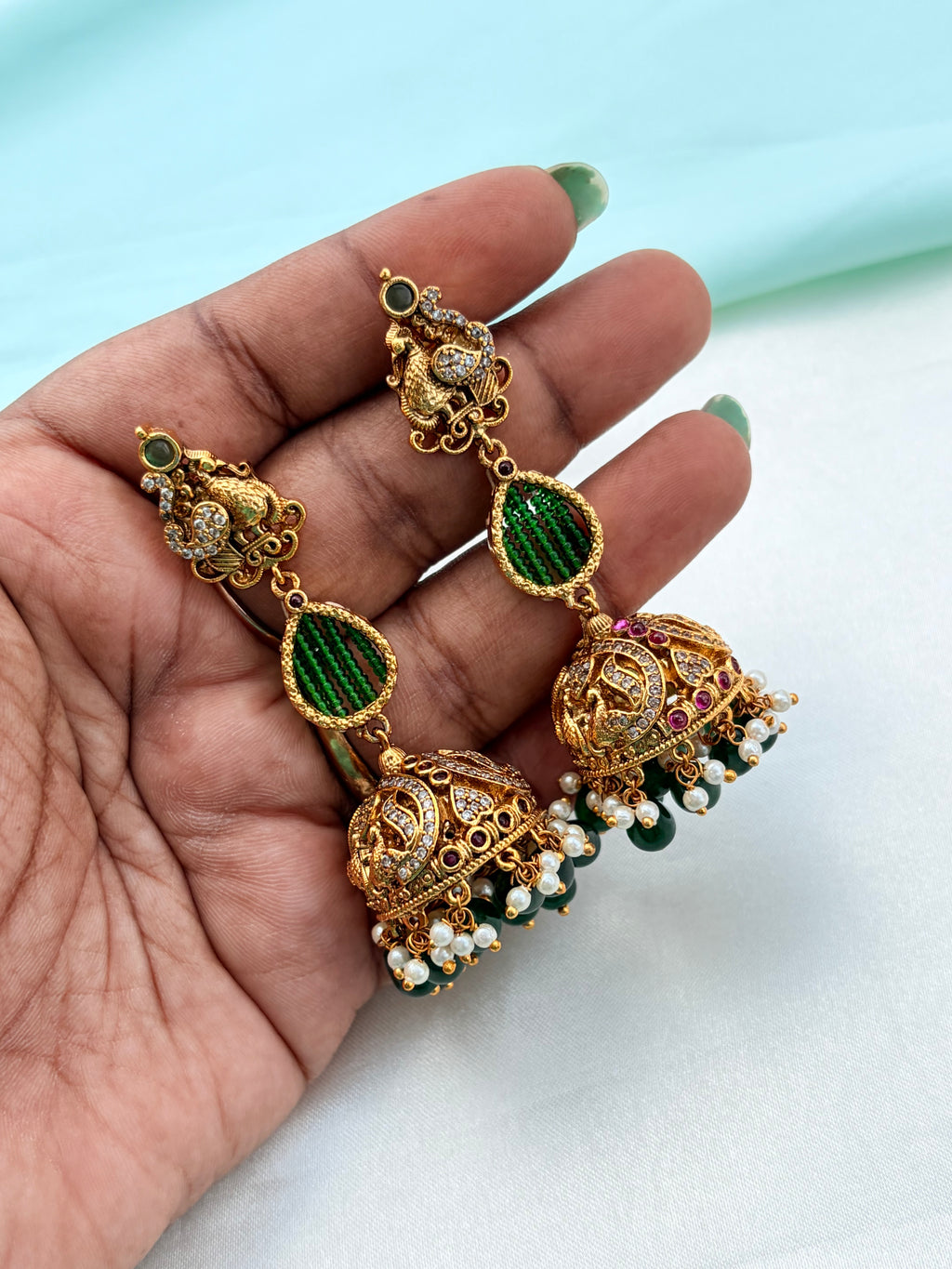 Unique multi green and pink  peacock design butta earrings er945