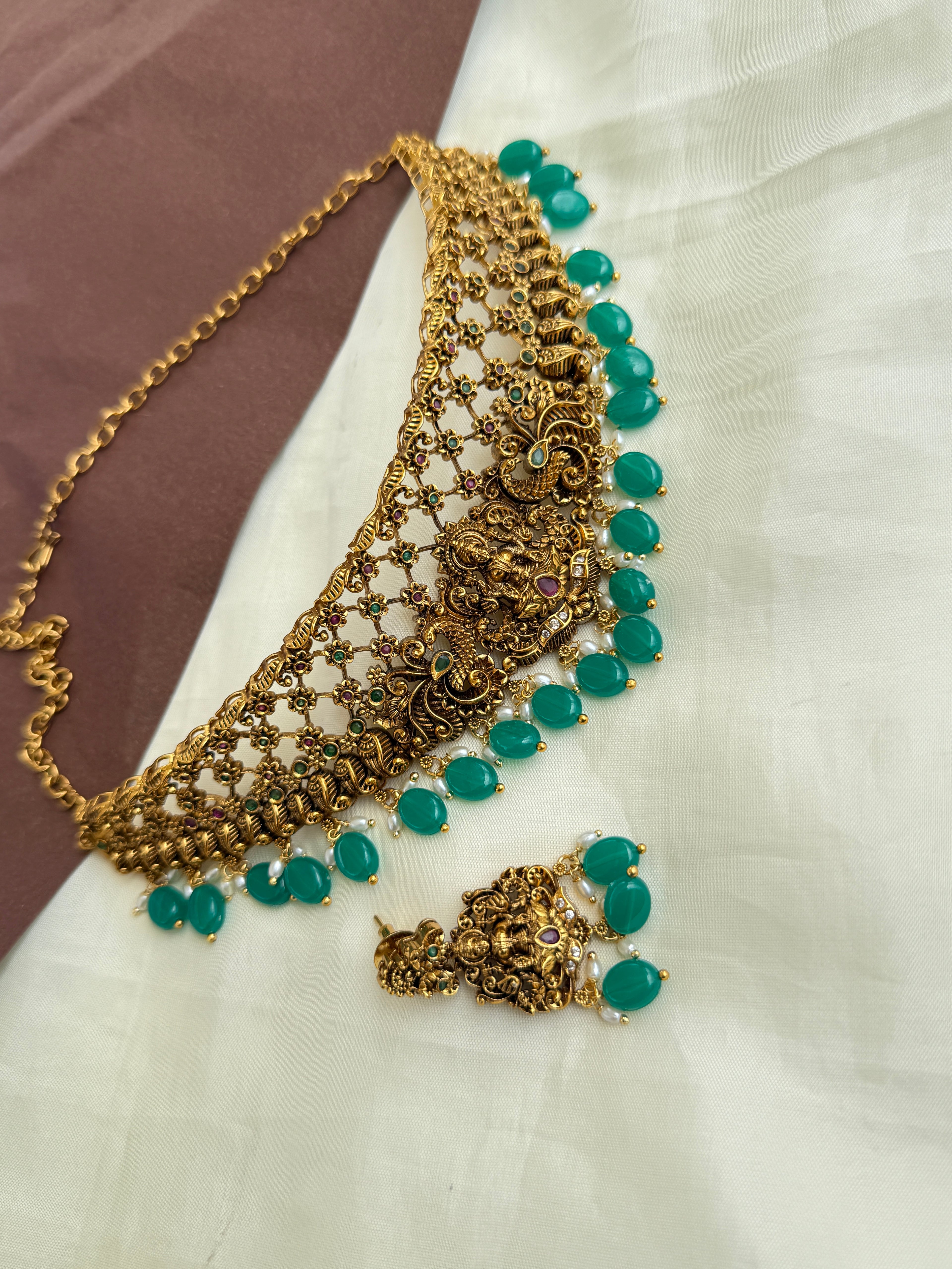 Ch013 Lakshmi Devi choker with green beads