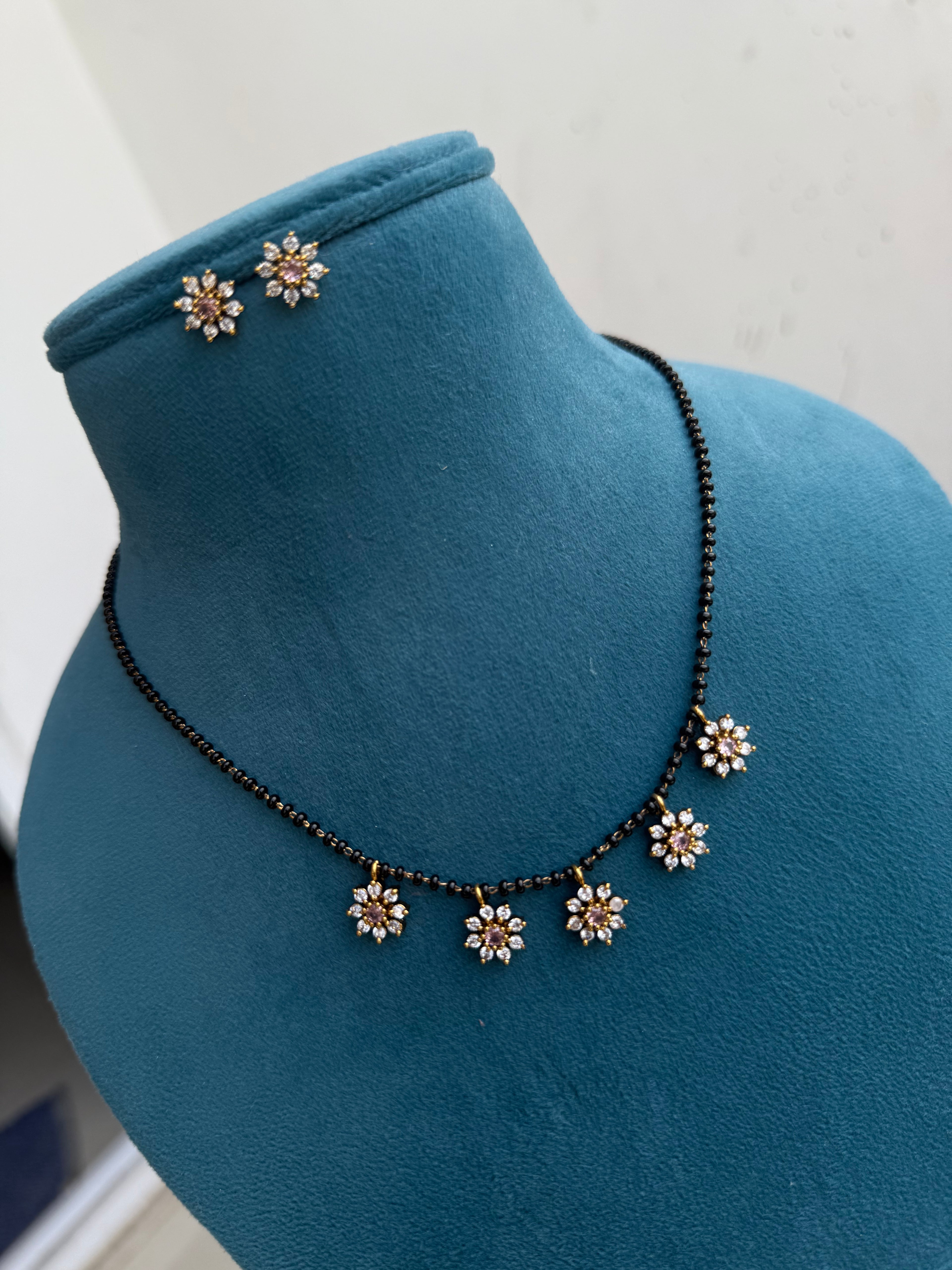 5 flowers 20inches  Blackbeads with studs bb0046