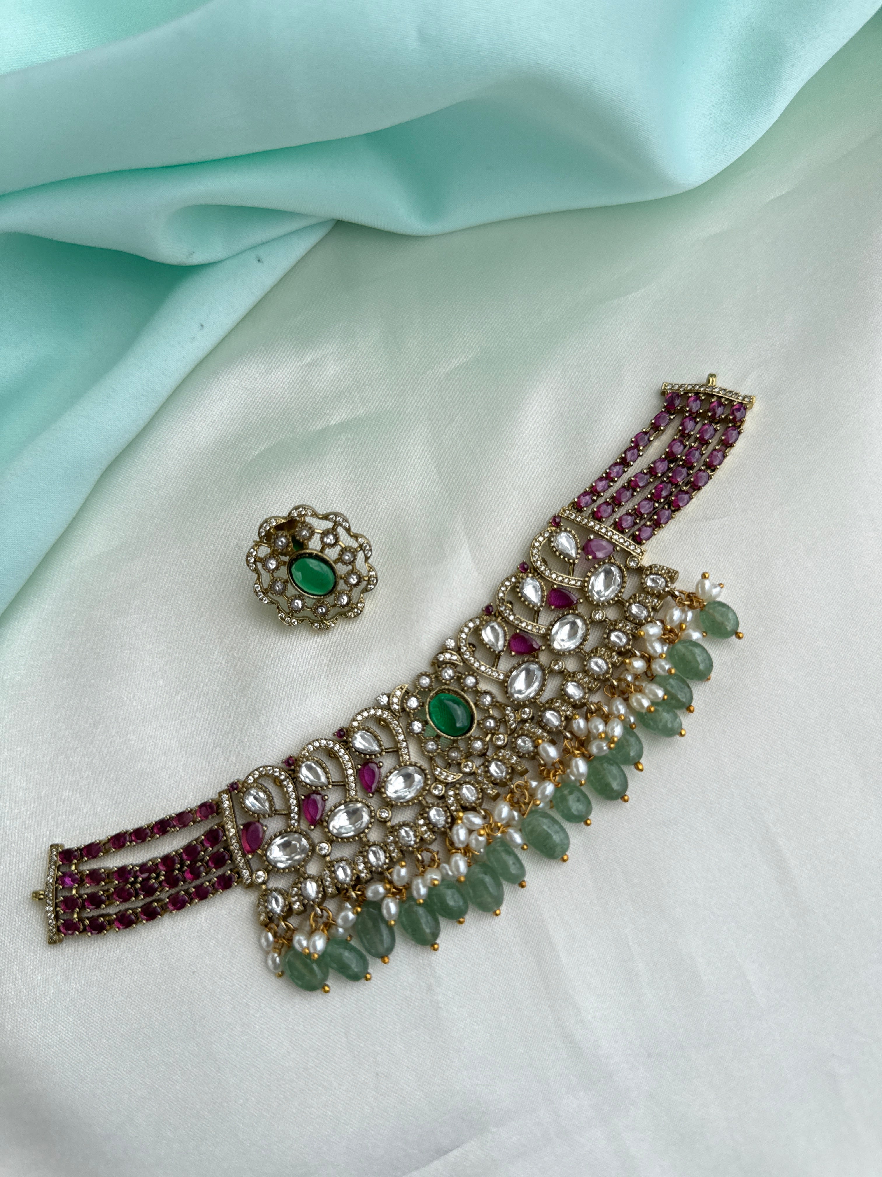 Emerald Ruby Kundan Pearl Drop Choker neckSet ns218