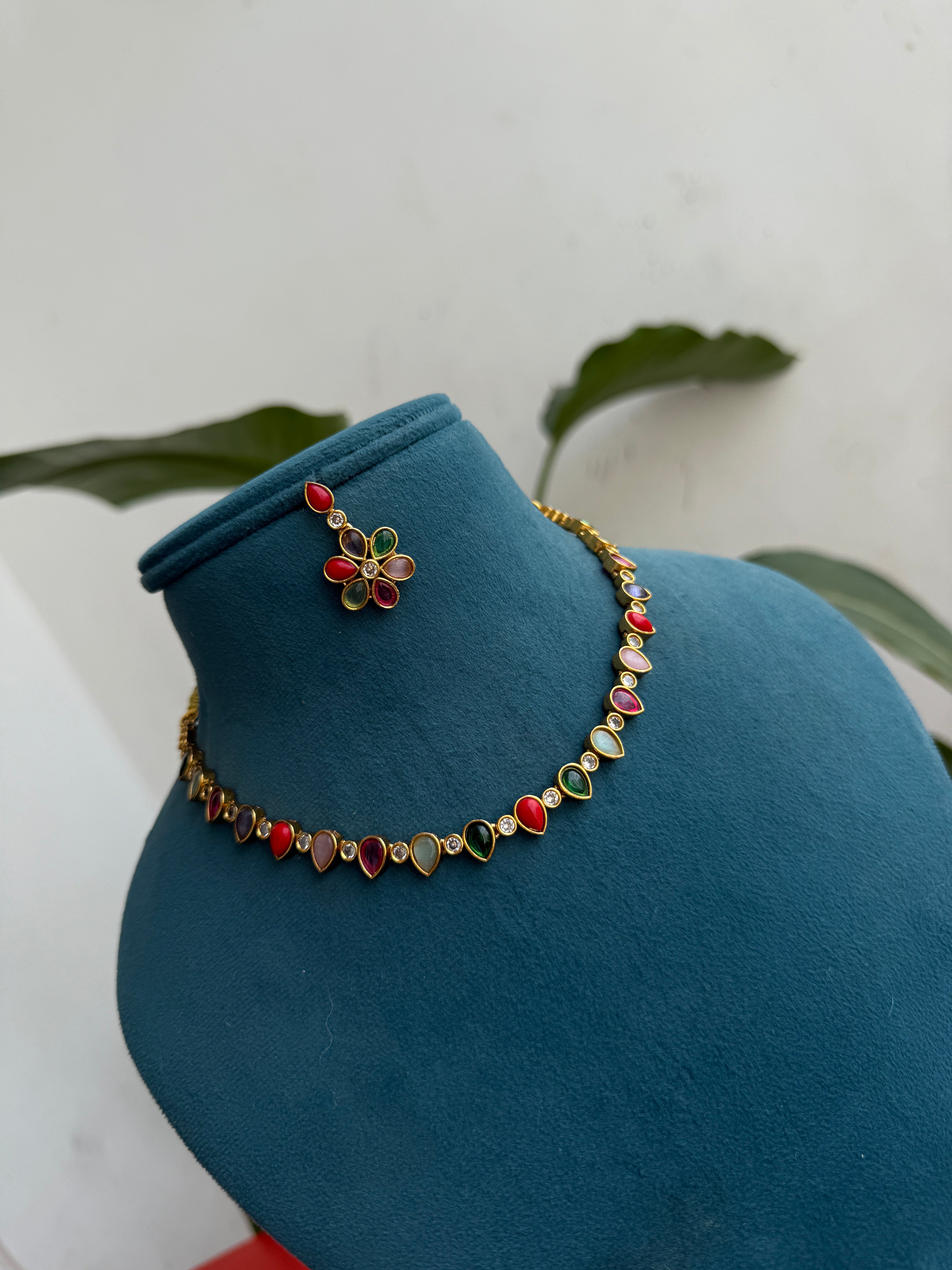 NS381 multi navaratan choker style neckset with earrings