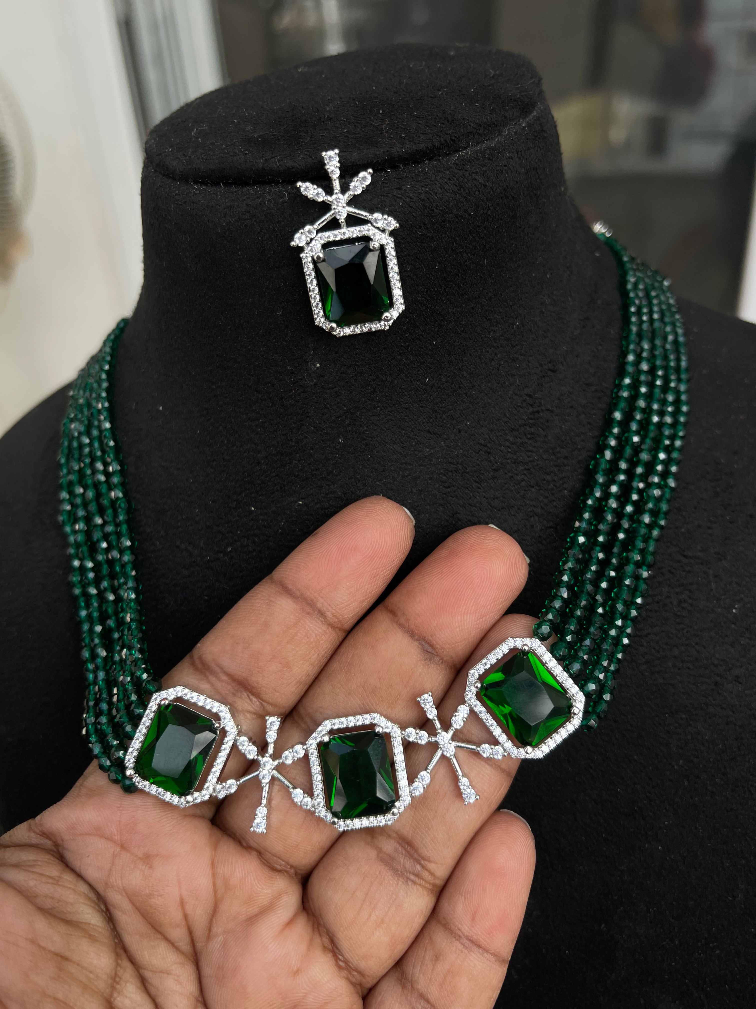 Beads Choker with Diamond Finish Pendent and Earrings pr008