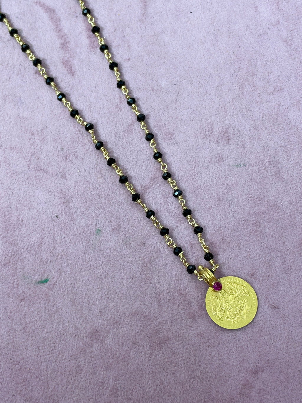 Bb401 Panchaloham polished kasu pendant with unpolished 16 to 18 inches black beads