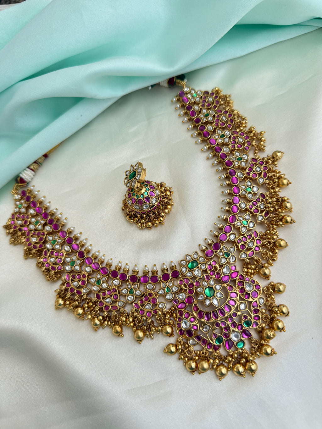 Emerald Kundan ruby choker neckset with butta earrings ns220