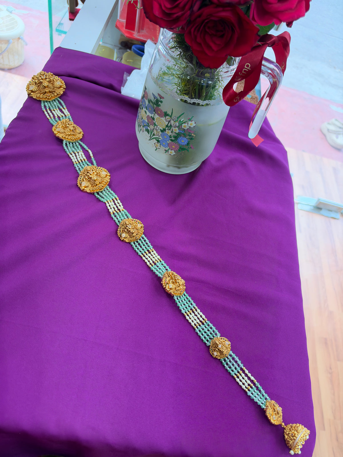 Jd400 Lakshmidevi with peacock petals with green beads 24 inches jada billa
