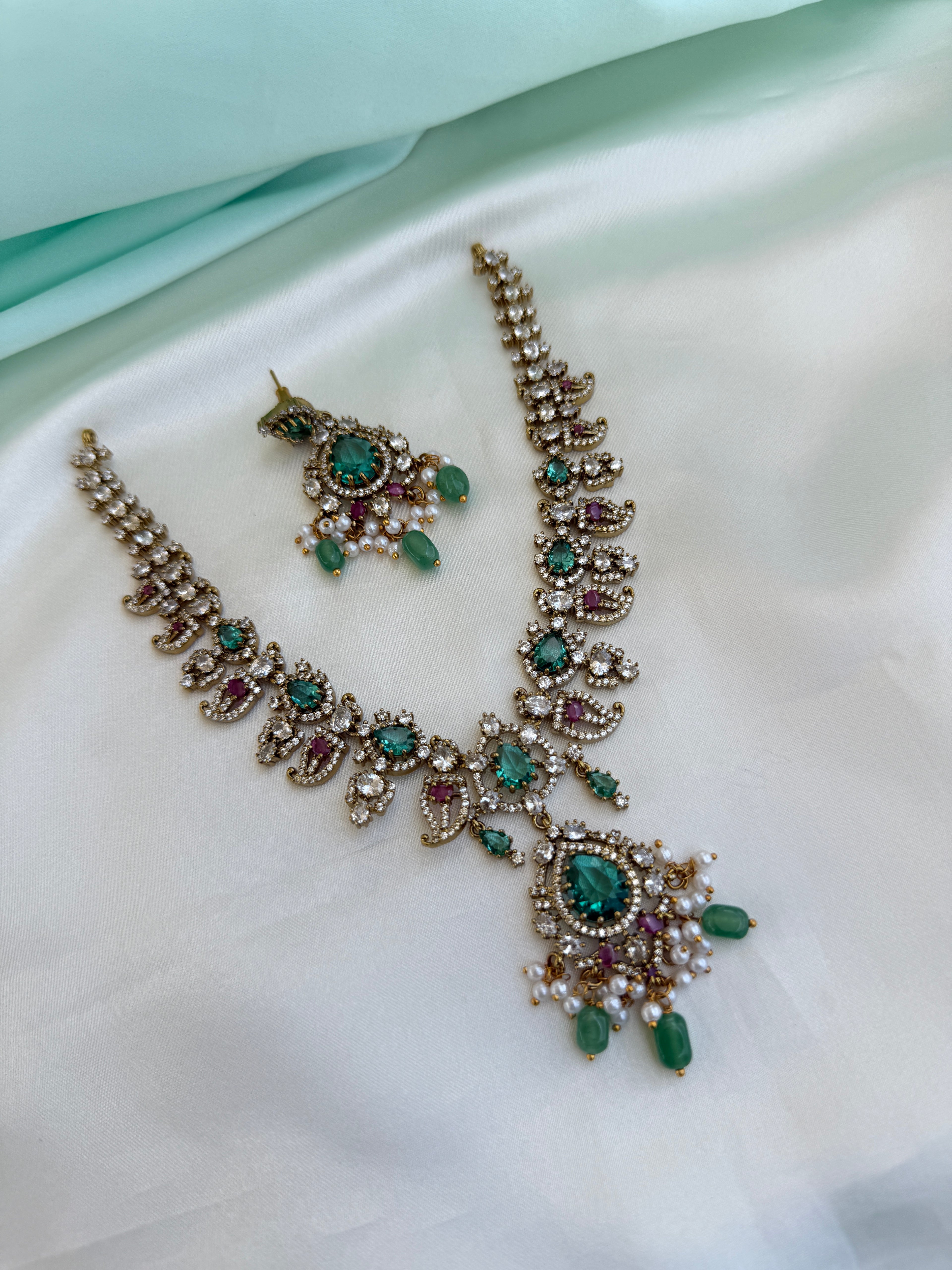 Elegant Emerald Ruby Floral Neckset with Pearl drops with earrings ns903