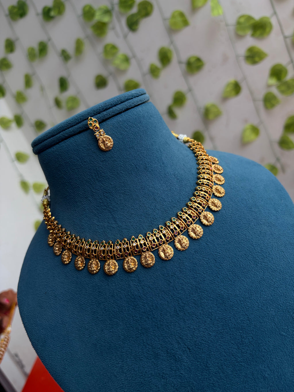 Ns930 Multi Lakshmi devi Kasulu short Neckset with earrings