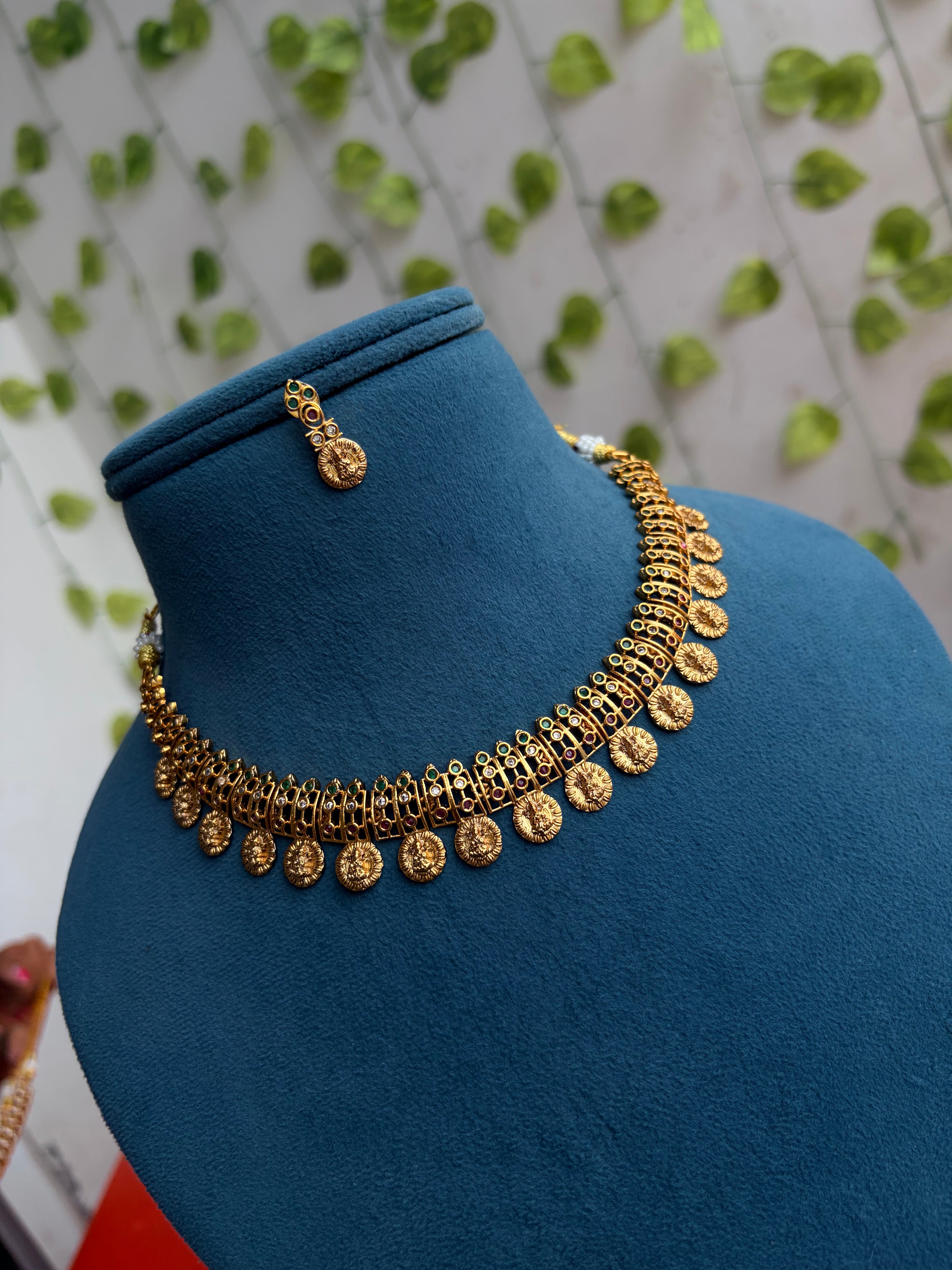 Ns930 Multi Lakshmi devi Kasulu short Neckset with earrings