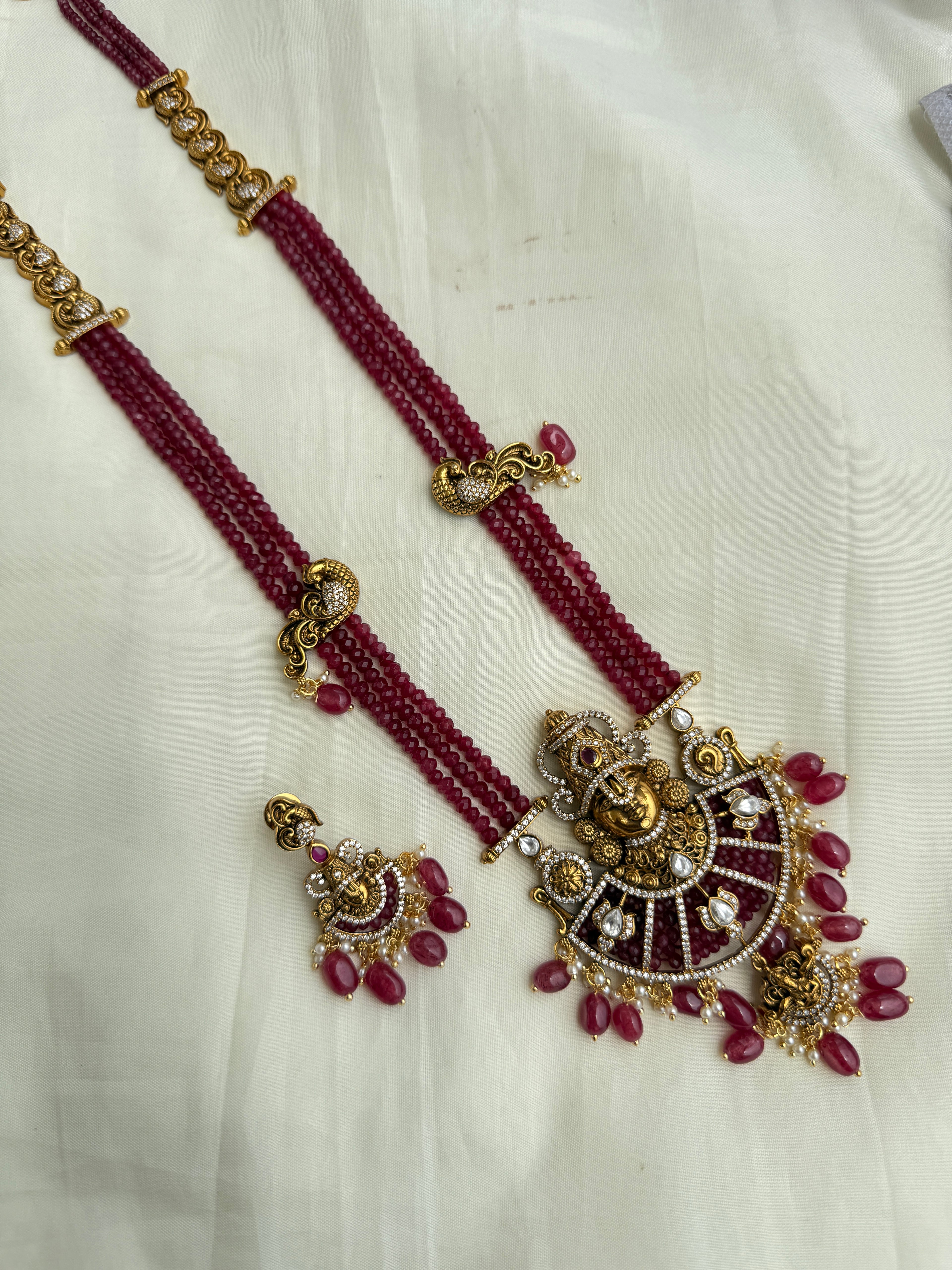 Lh2022 3 lines long beads with lord Venkateswara Swamy pendant and earrings