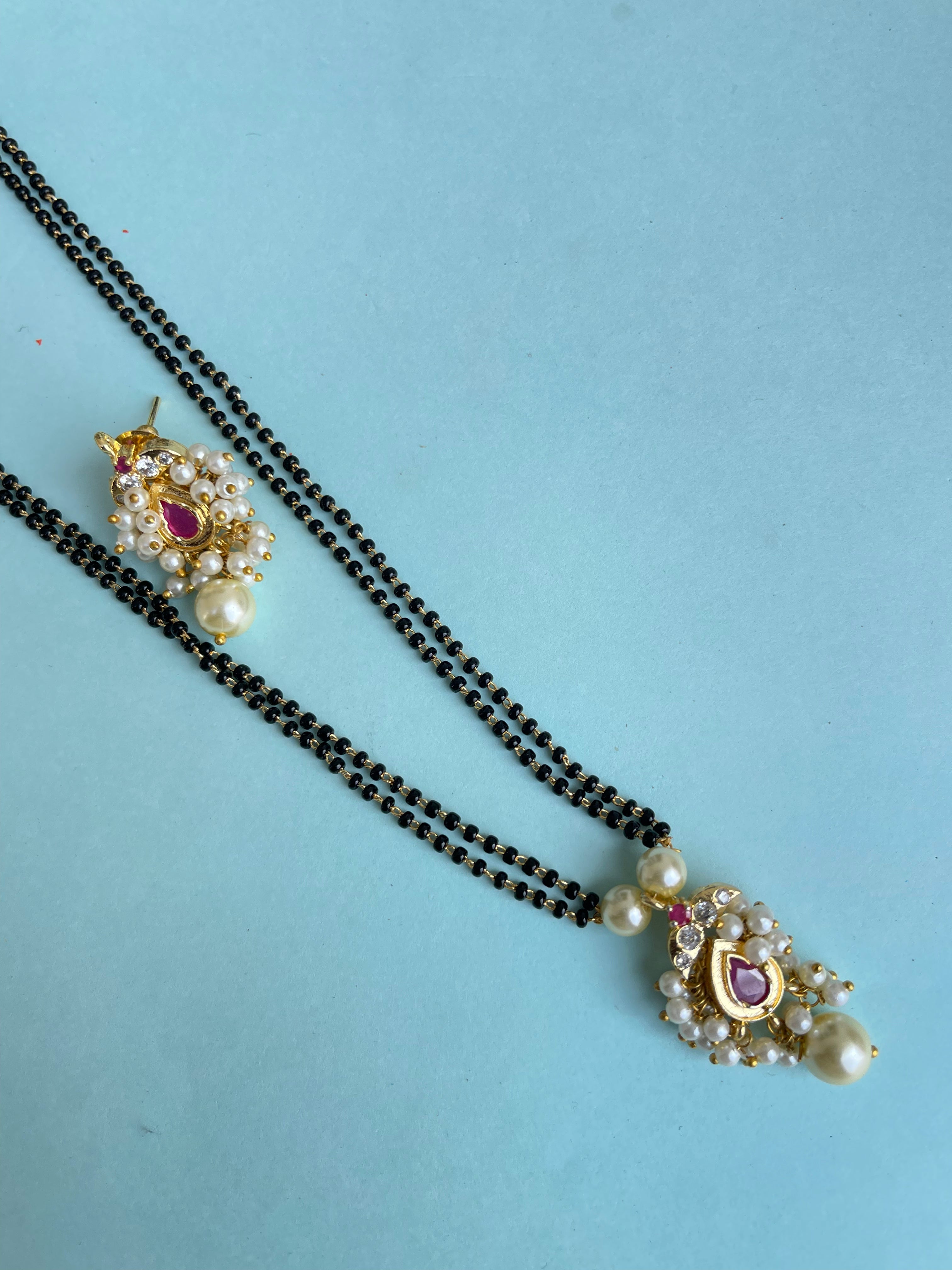 2 lines pearl pendant blackbeads short size with earrings