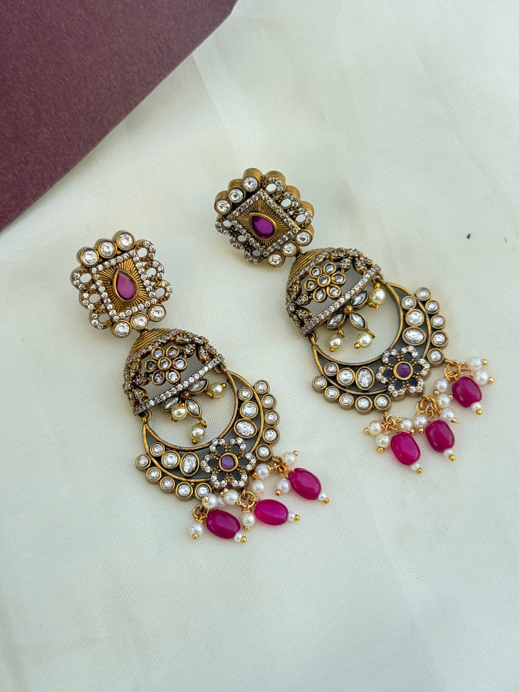Er2054 mehandi finish pink beads chandbali earrings