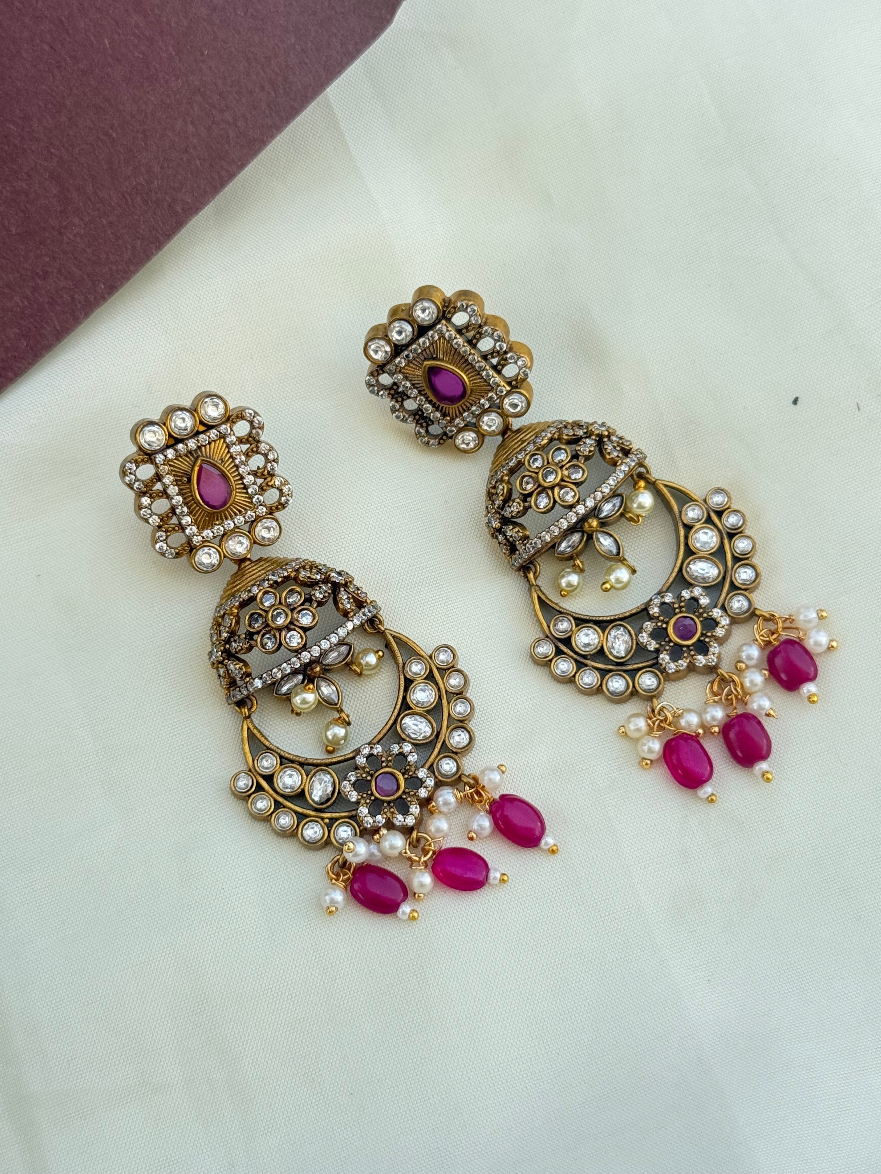Er2054 mehandi finish pink beads chandbali earrings