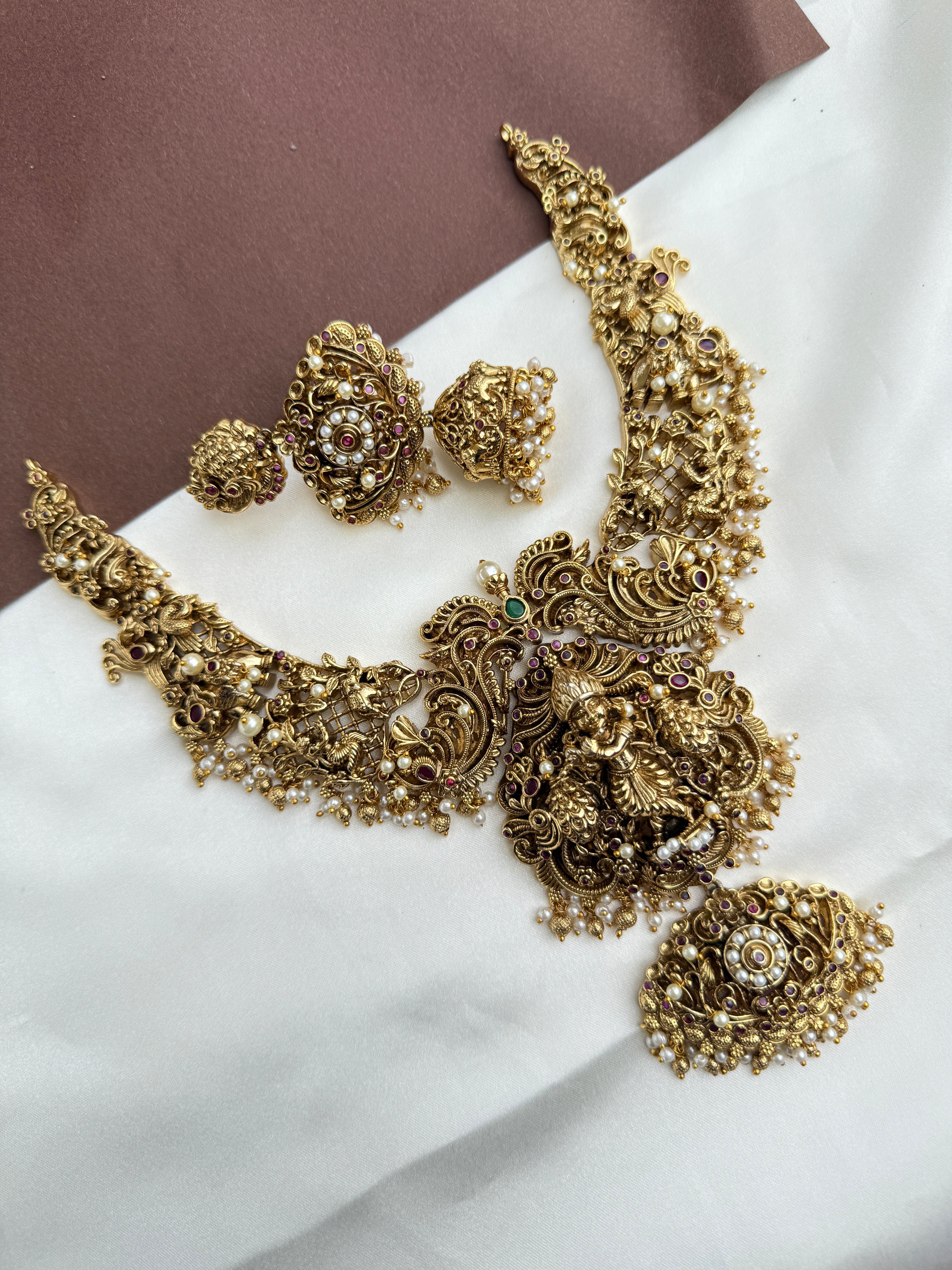Ns359 beautiful lord Krishna heavy 3D nakshi 3/4th Neckset