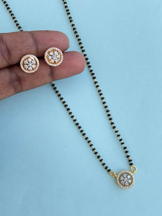 Single line blackbeads with diamond pendant and earrings (mangalsutra)