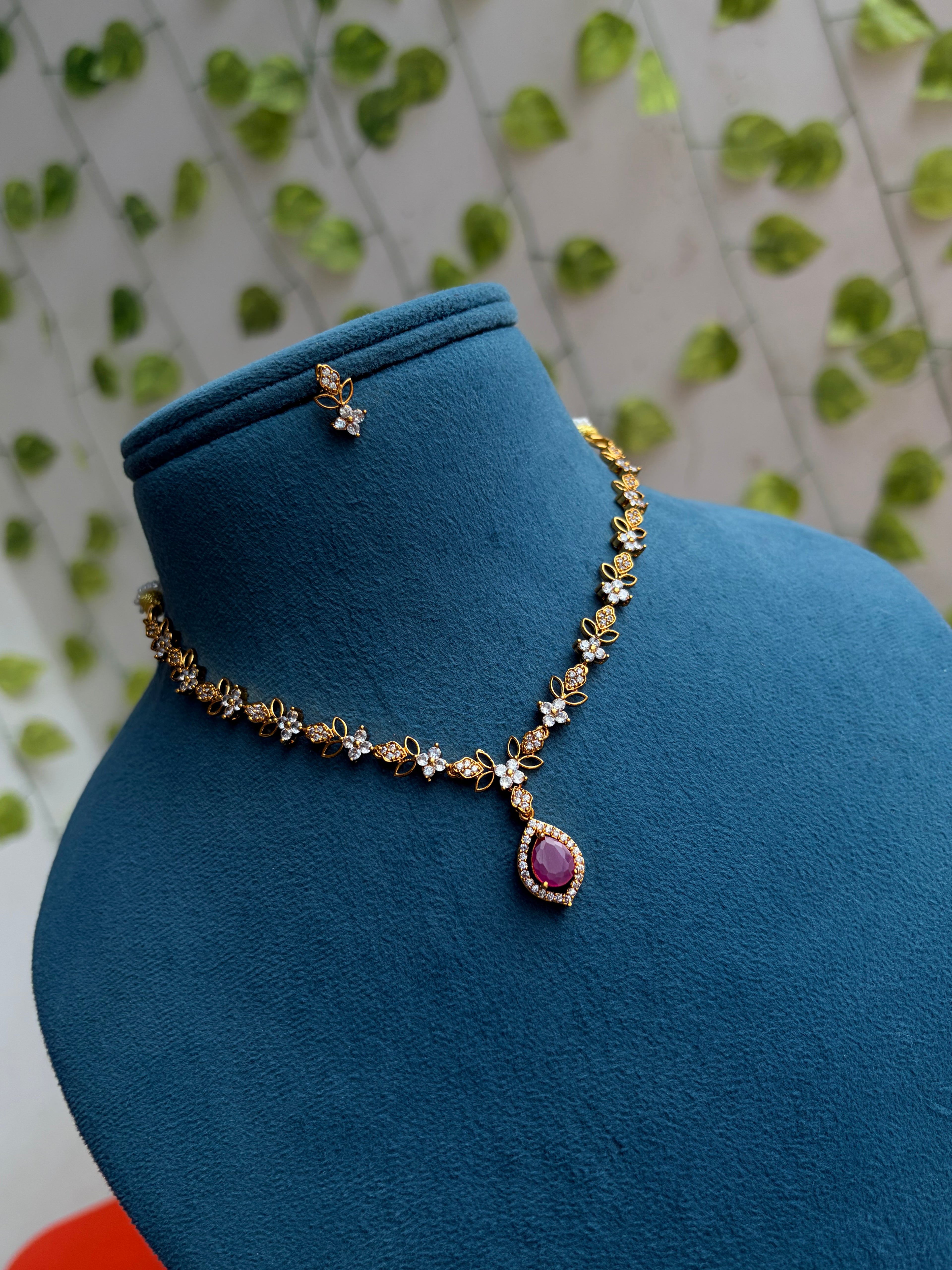 Ns846 small flowers single drops leaf stones short neckset with earrings