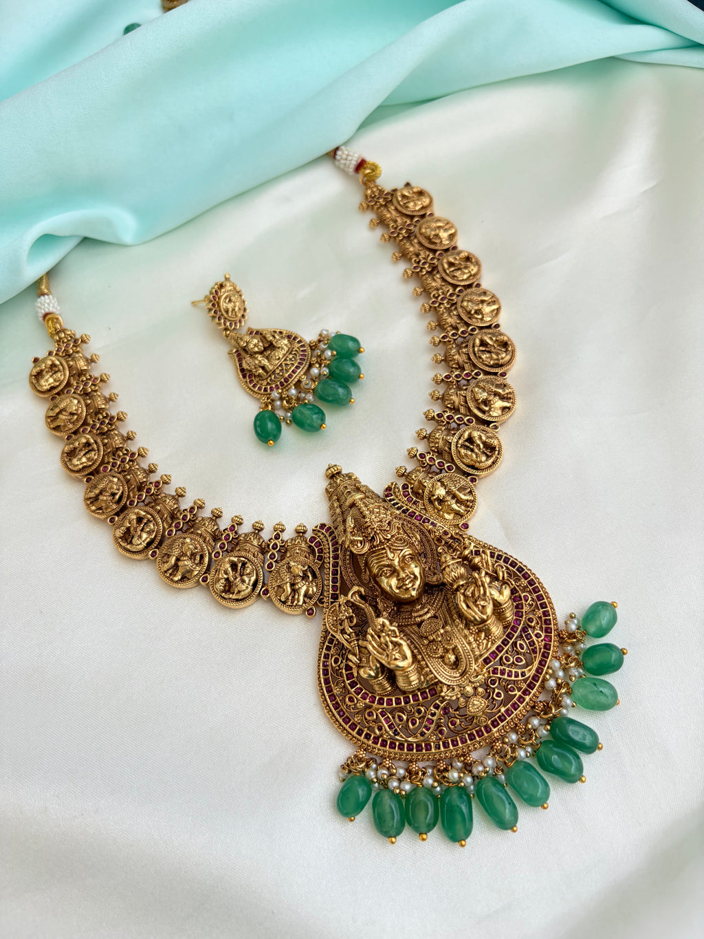Lord Shiva antique Gold Finish Coin Neckset with Goddess Pendant & Green Beads with Green beads Earrings Ns225by