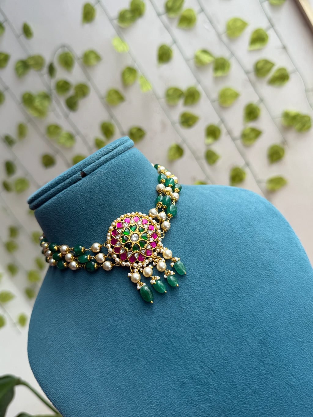 Emerald Meenakari 3 layers Floral Choker neckset  ns987