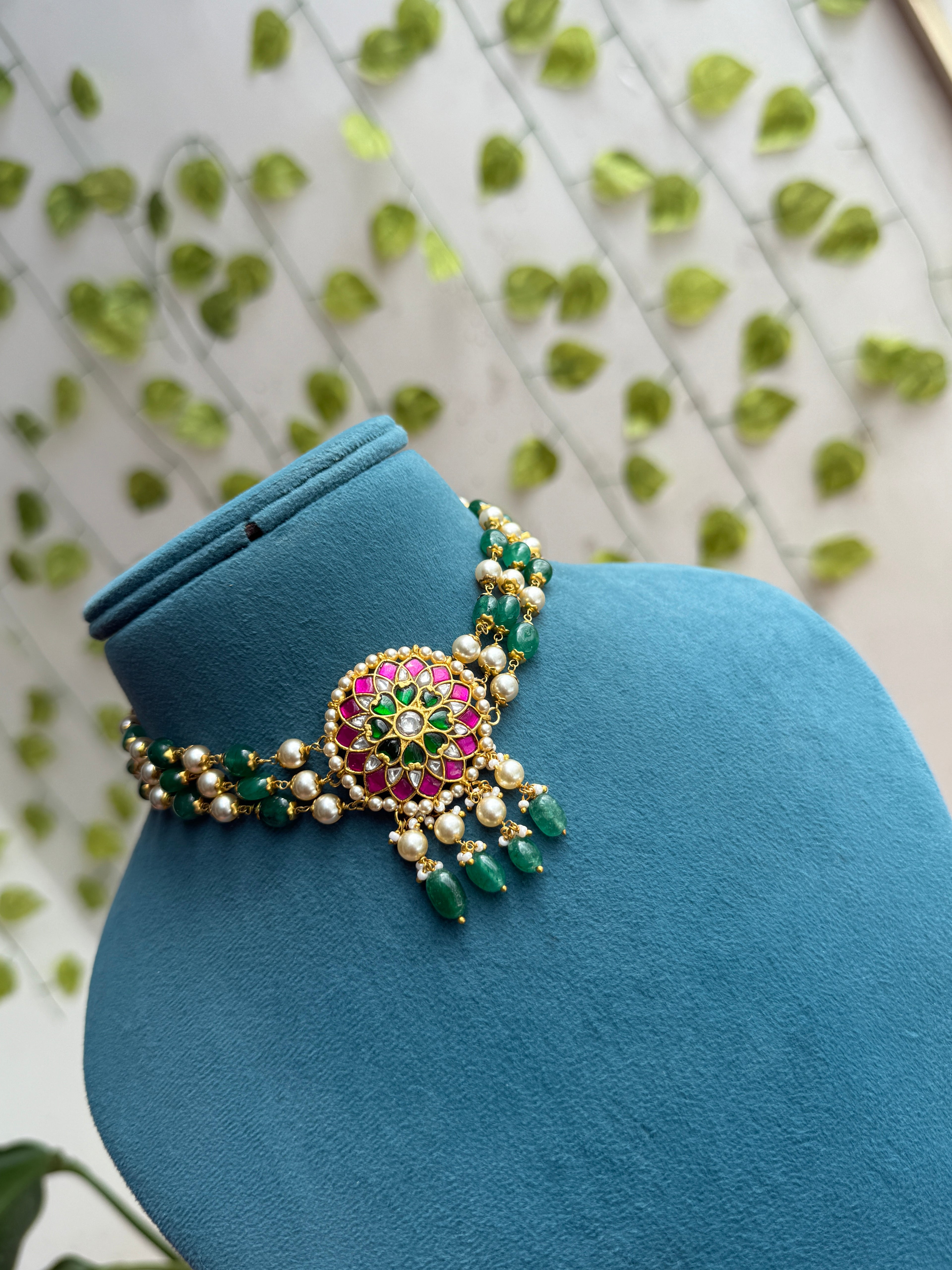 Emerald Meenakari 3 layers Floral Choker neckset  ns987