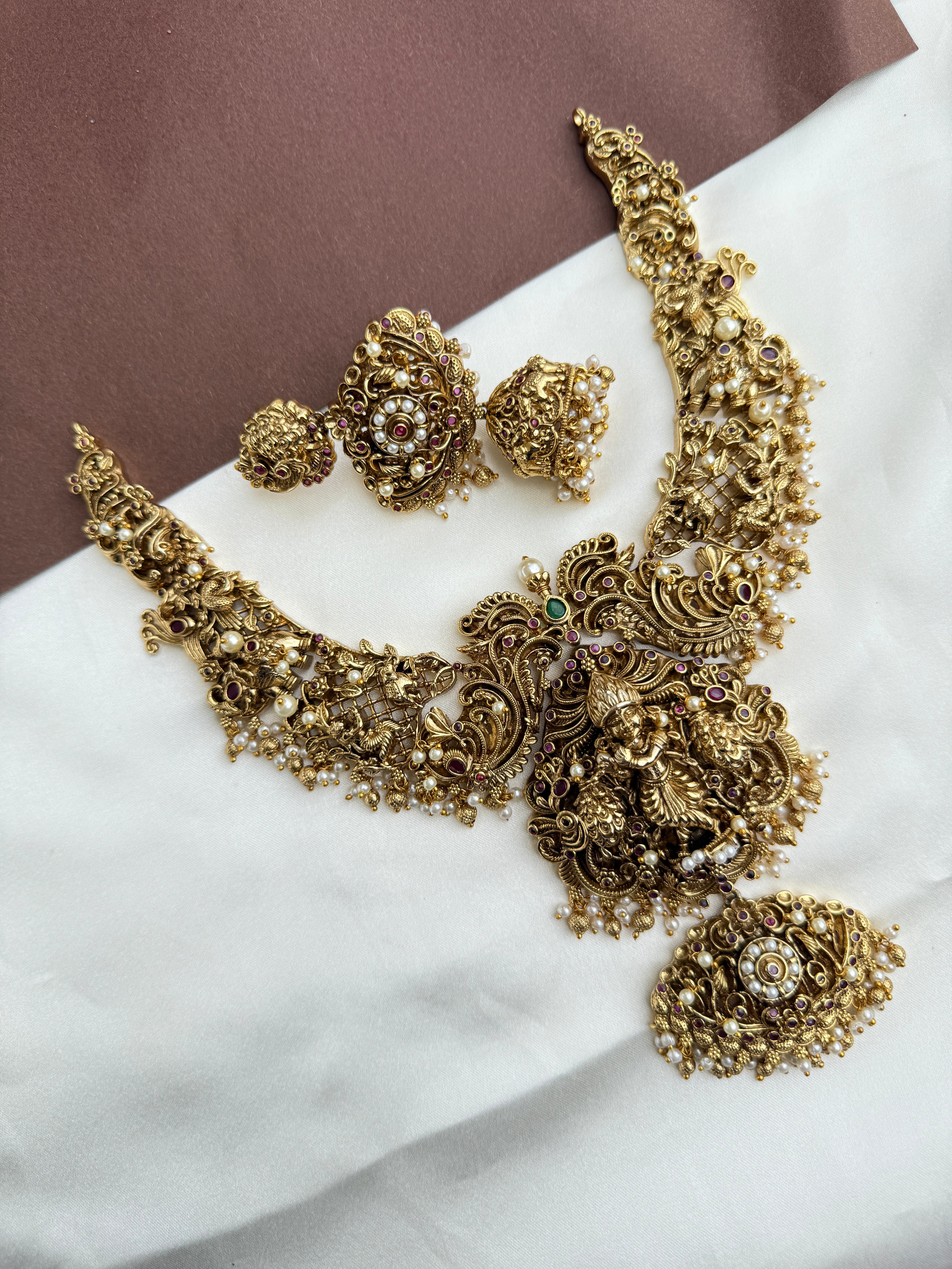 Ns359 beautiful lord Krishna heavy 3D nakshi 3/4th Neckset