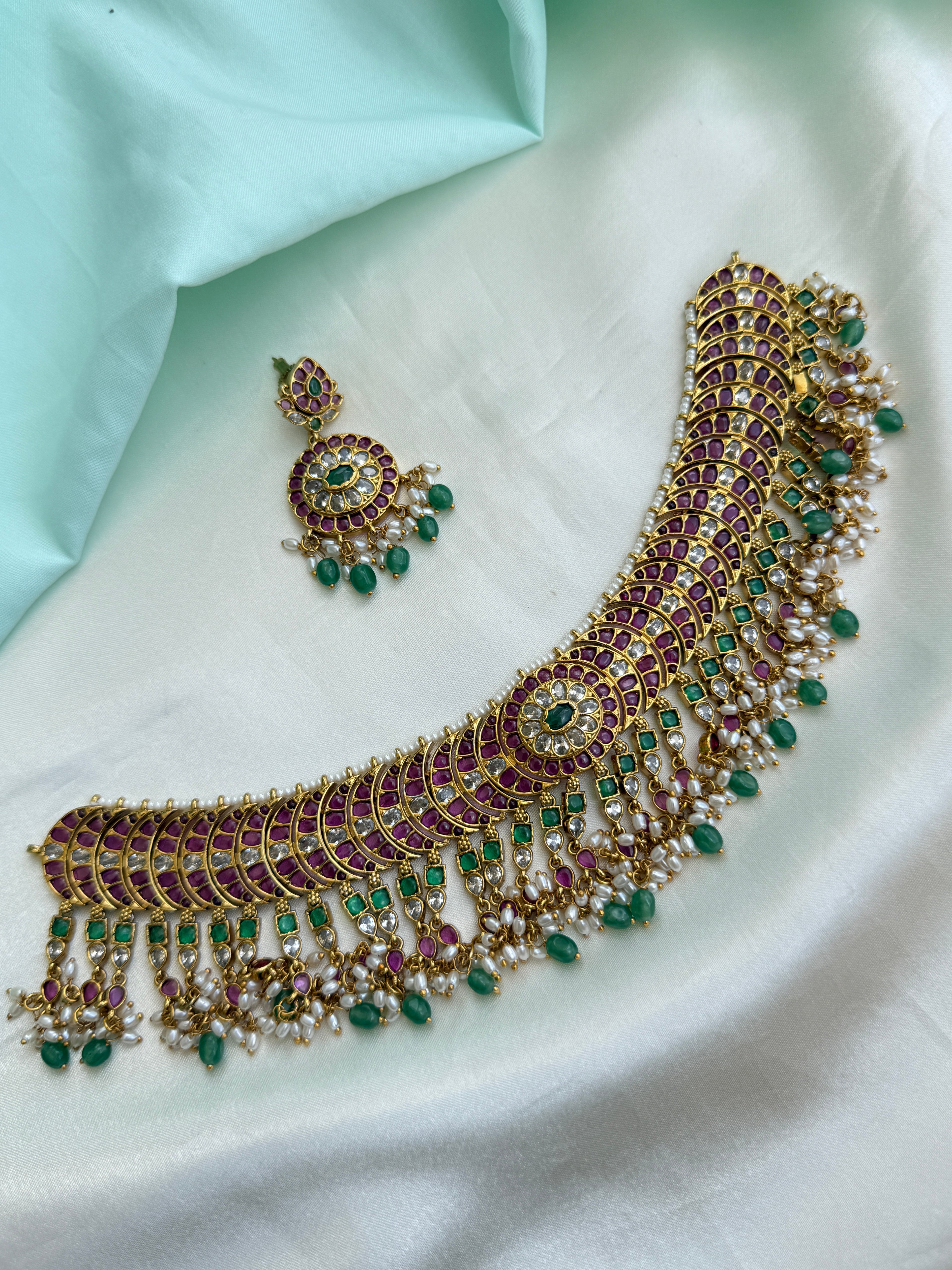 Elegant Ruby Green Kundan Neckset with Pearl Bead Drops with earrings ns213