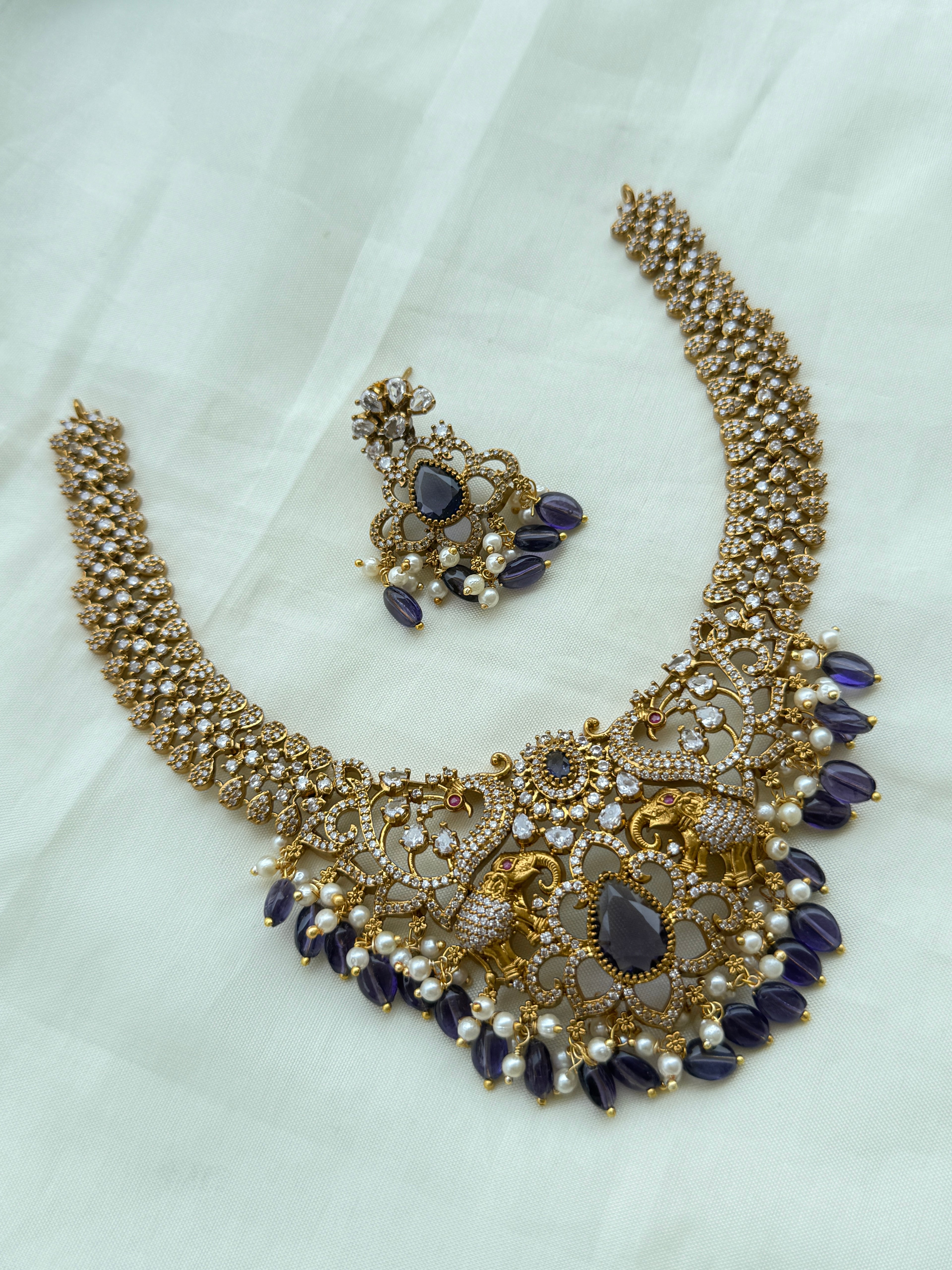 Ns255 peacock elephant short neckset with purple beads