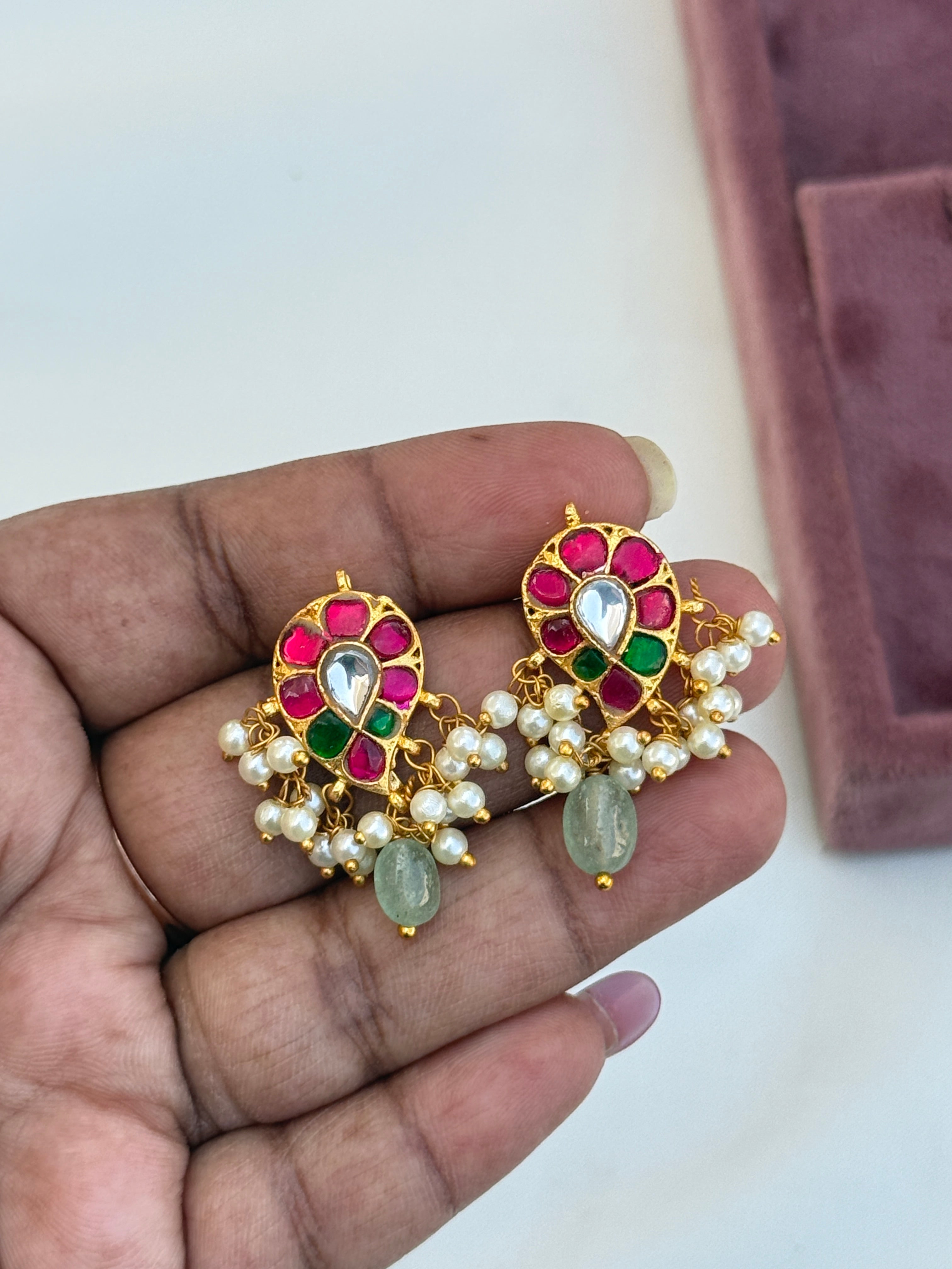 Er205 jadau kundan mango pearl earrings