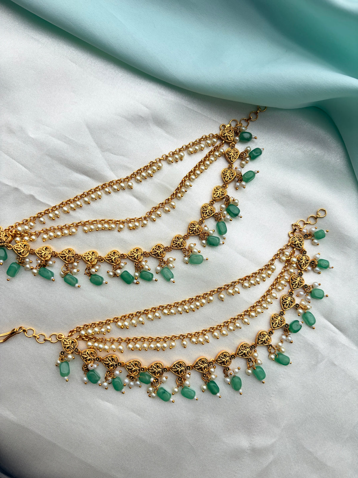 Unique 3 layers pearls and leaf design green beads Chempaswaralu ch246