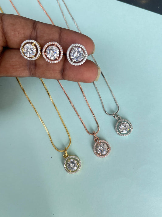 Solitaire pendant with Earrings in gold ,silver, rose-gold