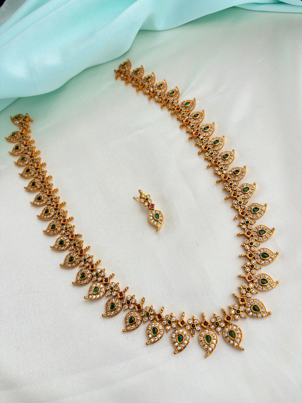 Premium Mango Motif Long Haram Set with Emerald and Ruby Stones with Earrings Lh598
