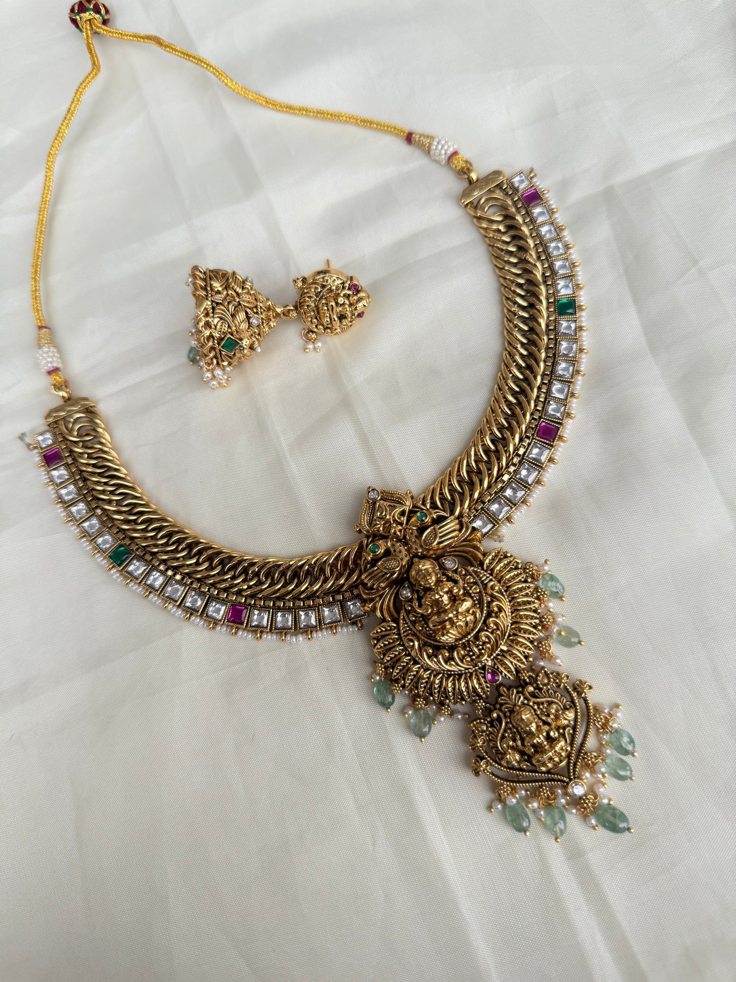 Multi green beads double Lakshmi Devi jalebi neckset