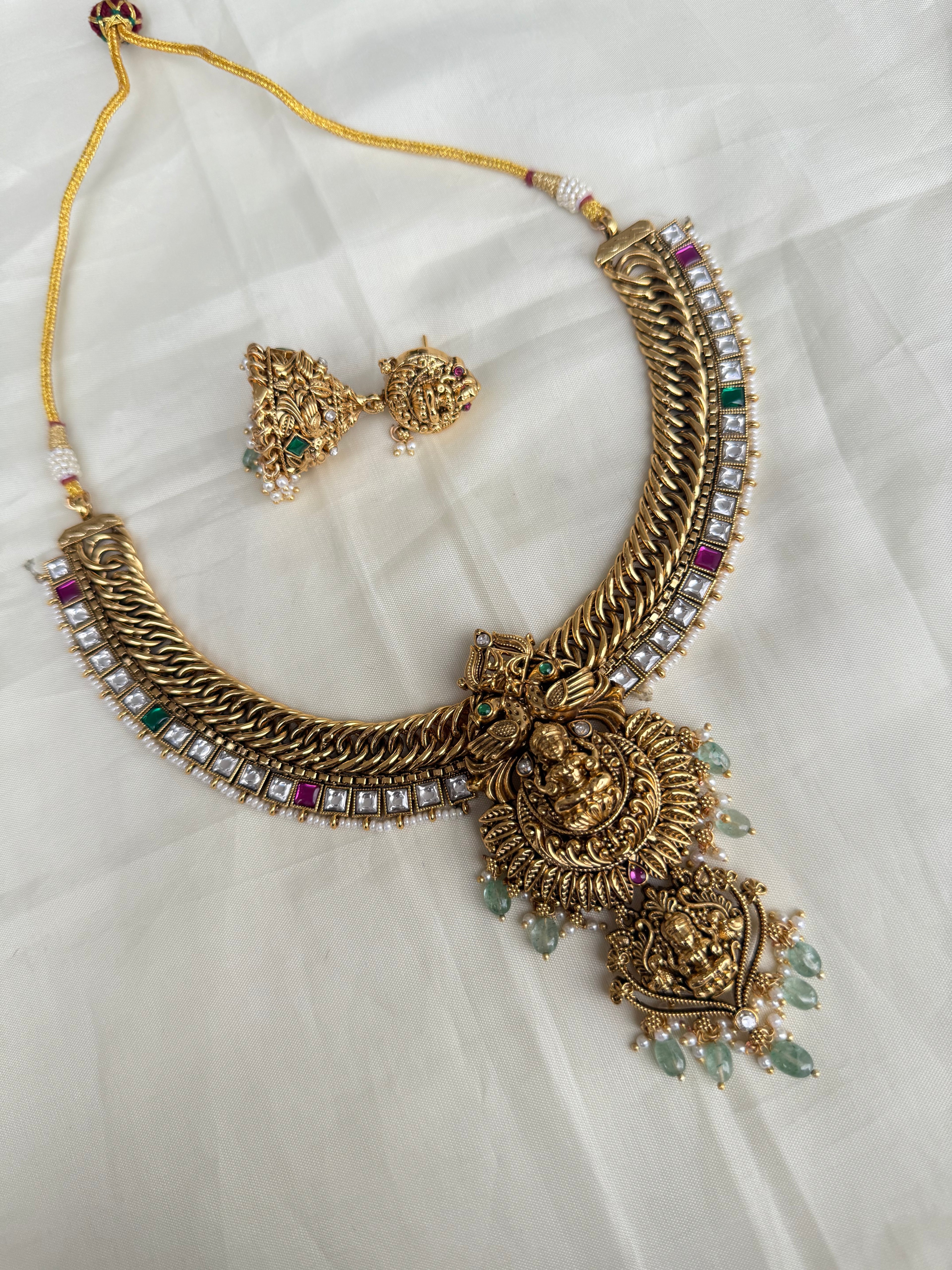 Multi green beads double Lakshmi Devi jalebi neckset ns003
